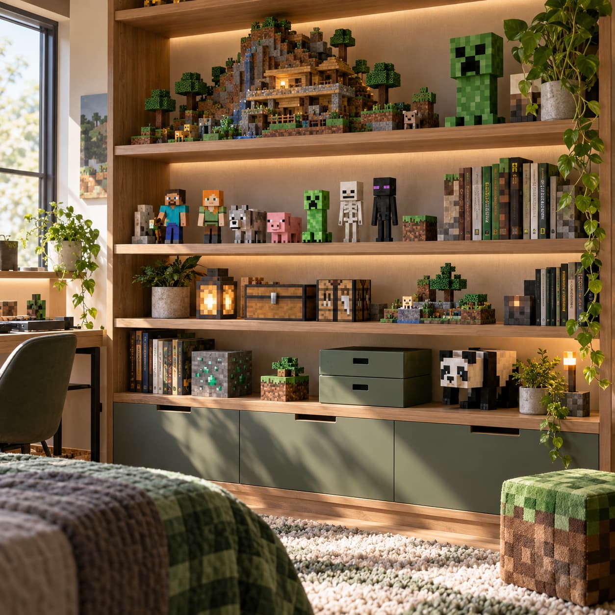 Półki na figurki Minecraft – uporządkowana ekspozycja modeli, książek i kolekcji.