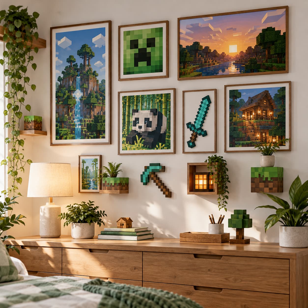 Wymienne dekoracje ścienne Minecraft – galeria plakatów w ramkach i pikselowe ozdoby.