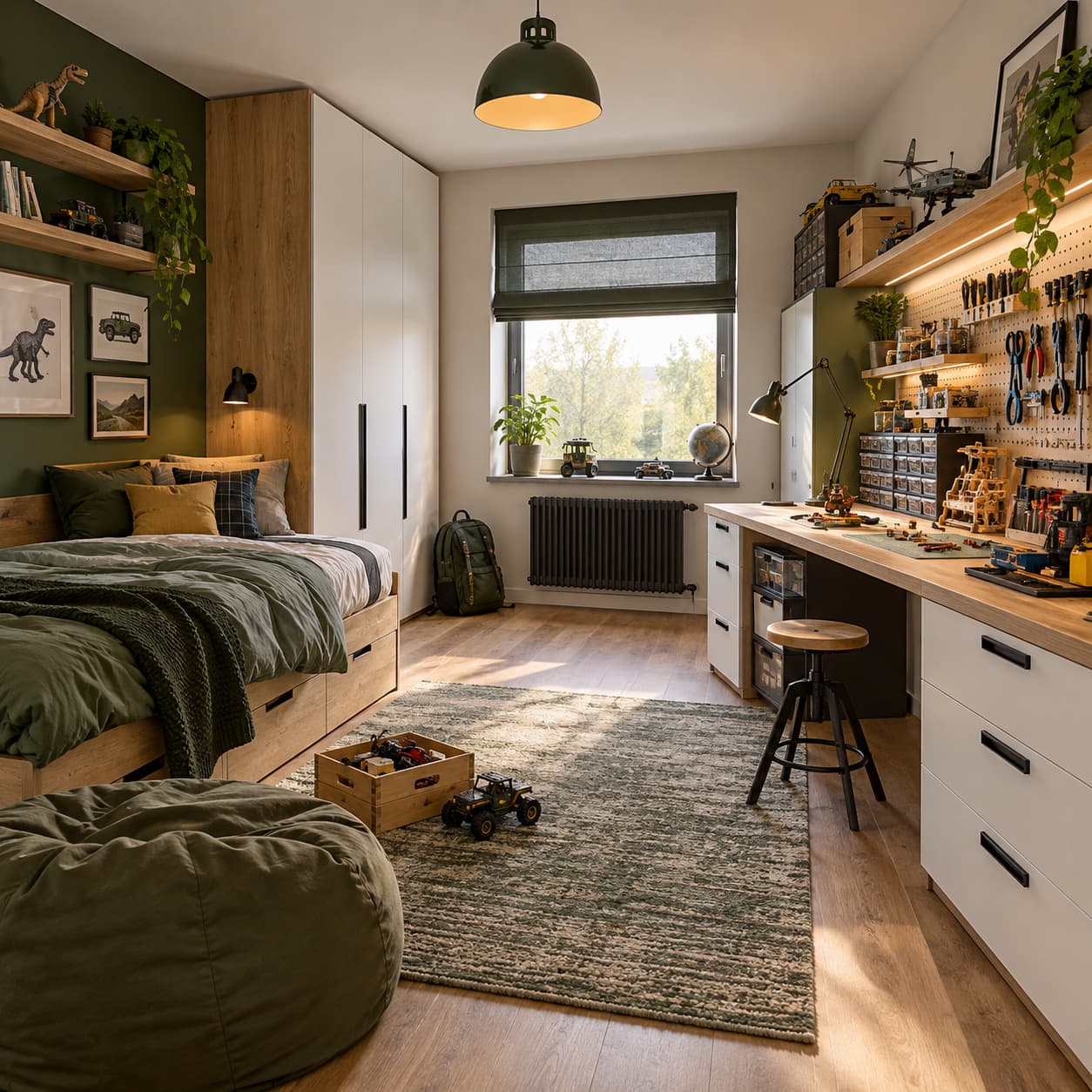Nowoczesny pokój chłopca z kącikiem majsterkowania, drewnianym blatem, szufladami i organizerami ściennymi.