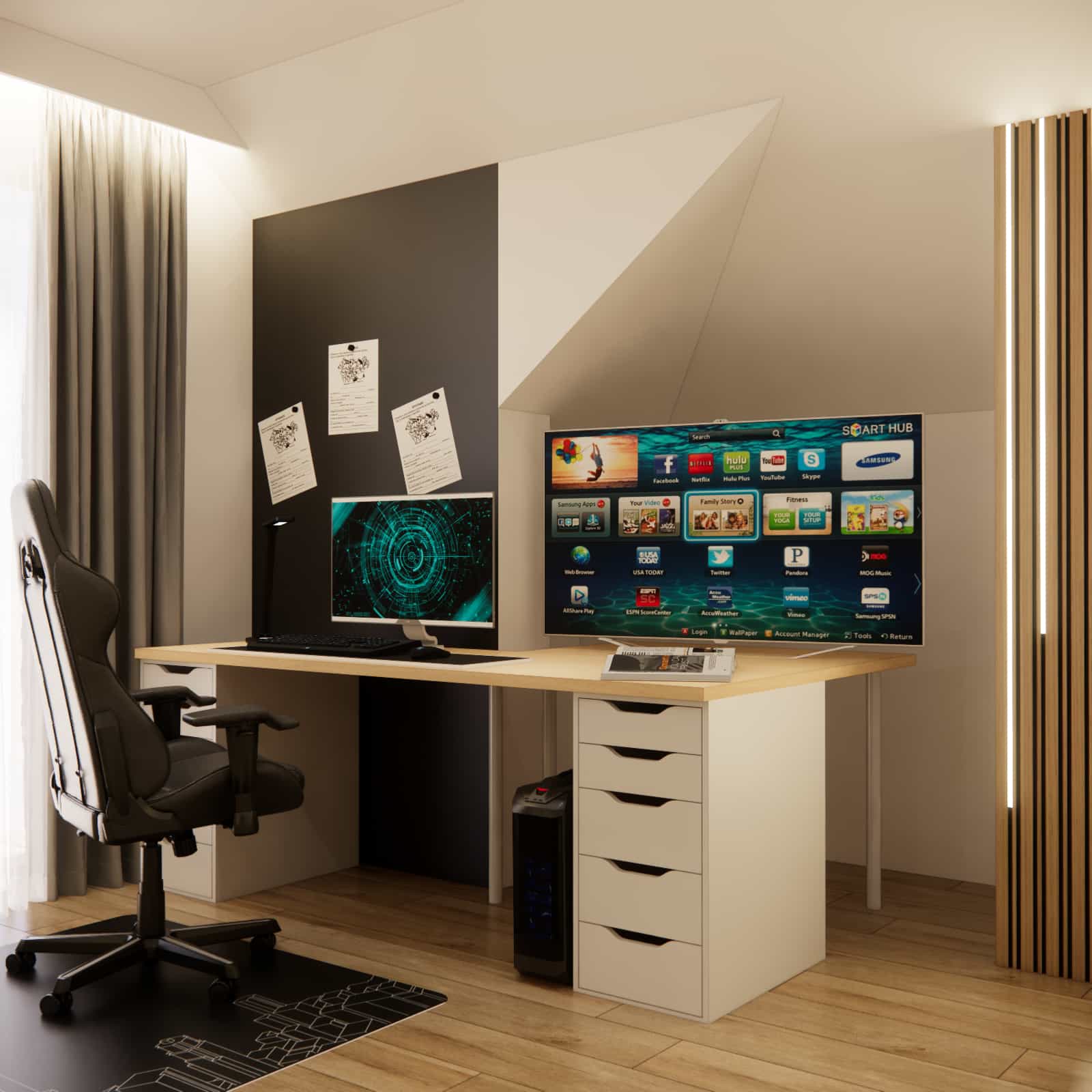 Youth room for a 15-year-old with sloped ceilings – ergonomic desk by a black magnetic wall and gray walls