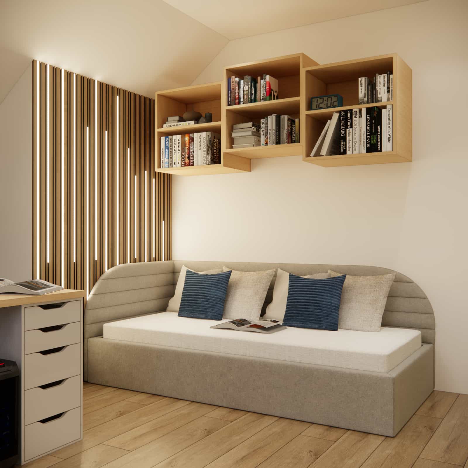 Sleeping zone in an 18m2 youth room – 100 cm bed, light fabrics and wooden flooring