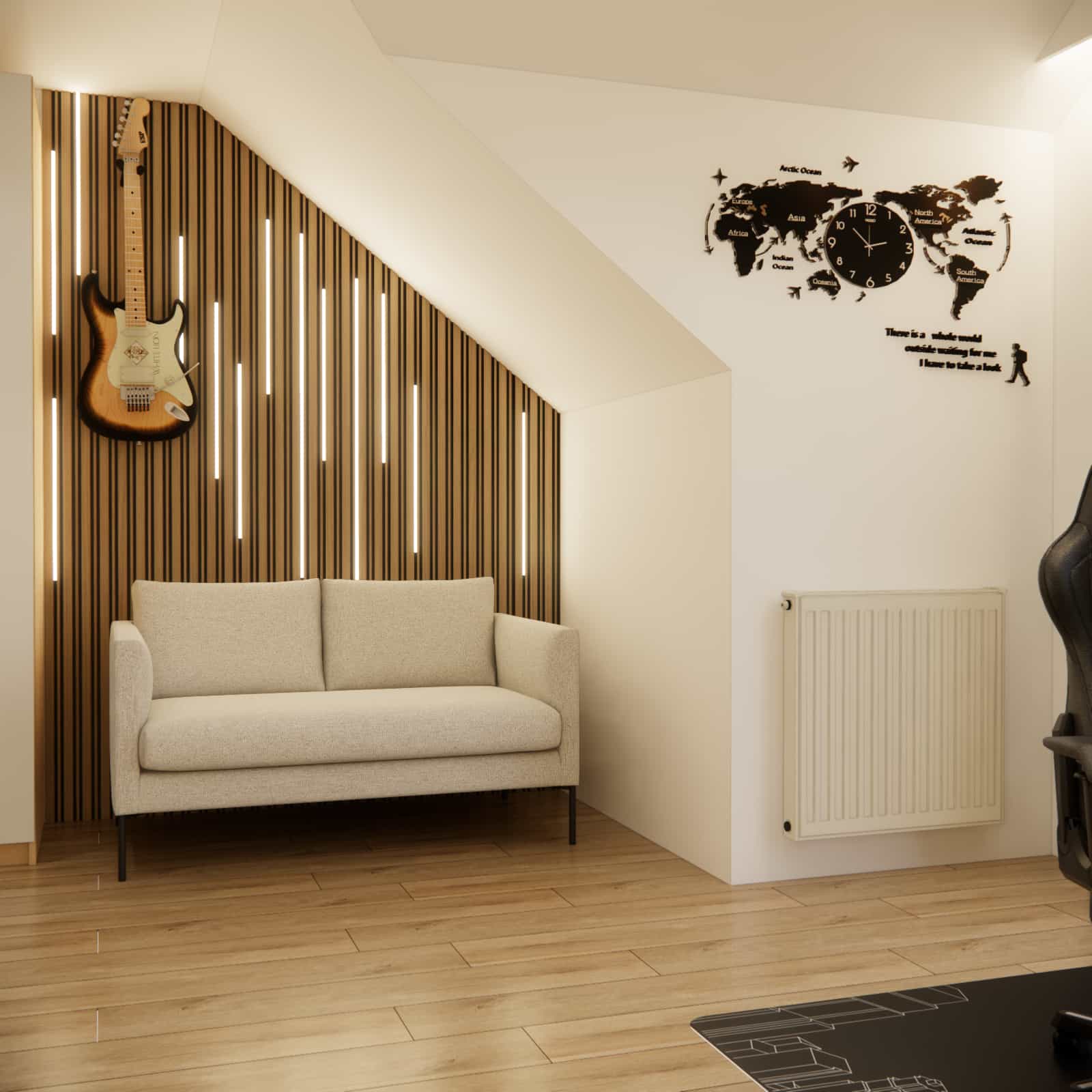Relaxation zone in a youth room with sloped ceilings – gray two-seater sofa, wooden slats and LED lighting