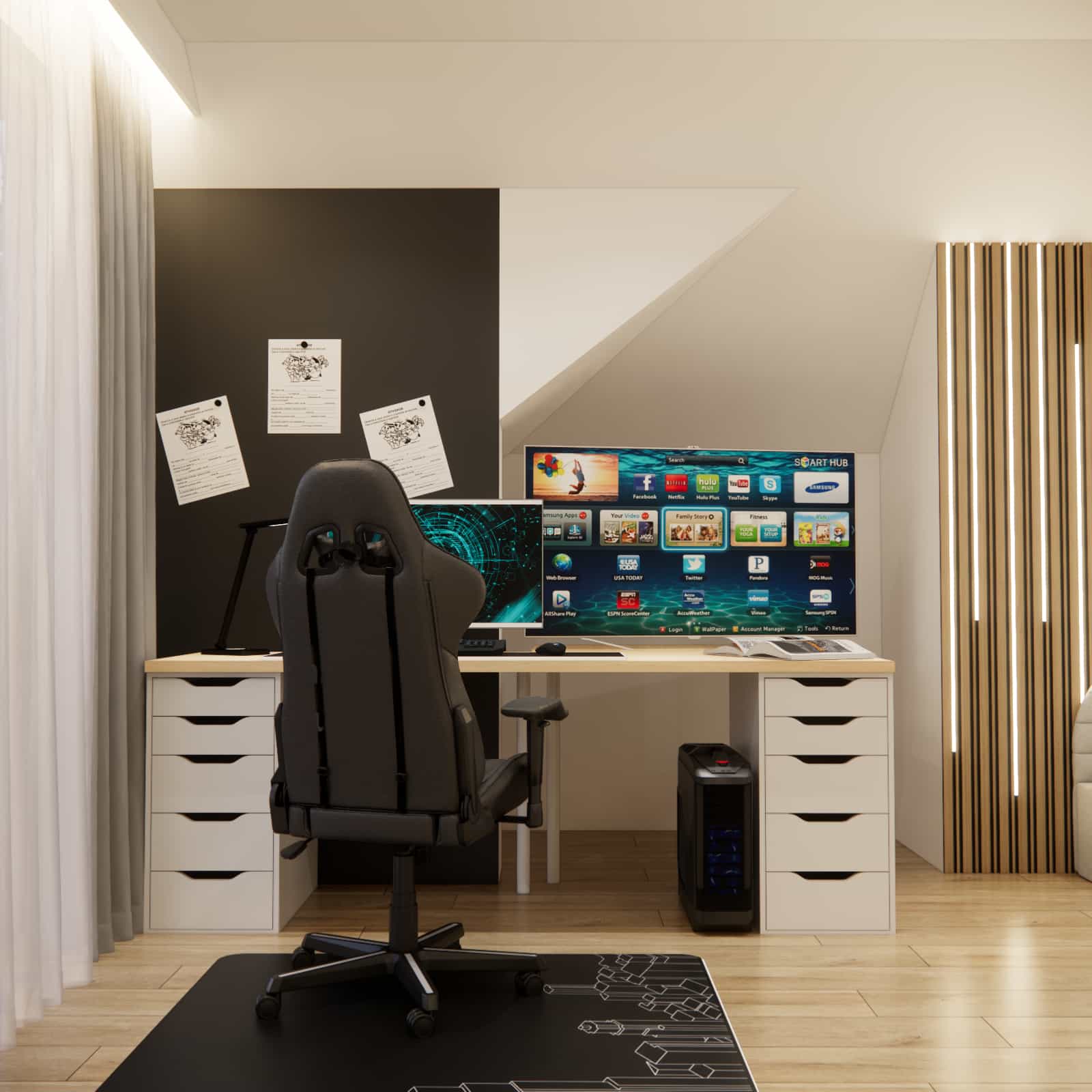 Modern 18m2 youth room with sloped ceilings – learning zone with a 120x60 cm desk, black magnetic paint and white furniture