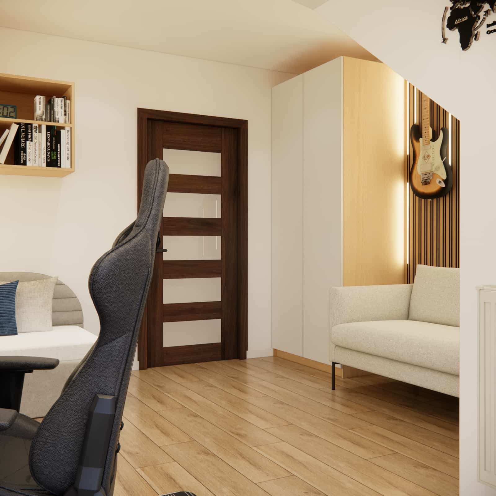 Teenager’s room with sloped ceilings – gray two-seater sofa, 234 cm tall wardrobe and bright interior colors