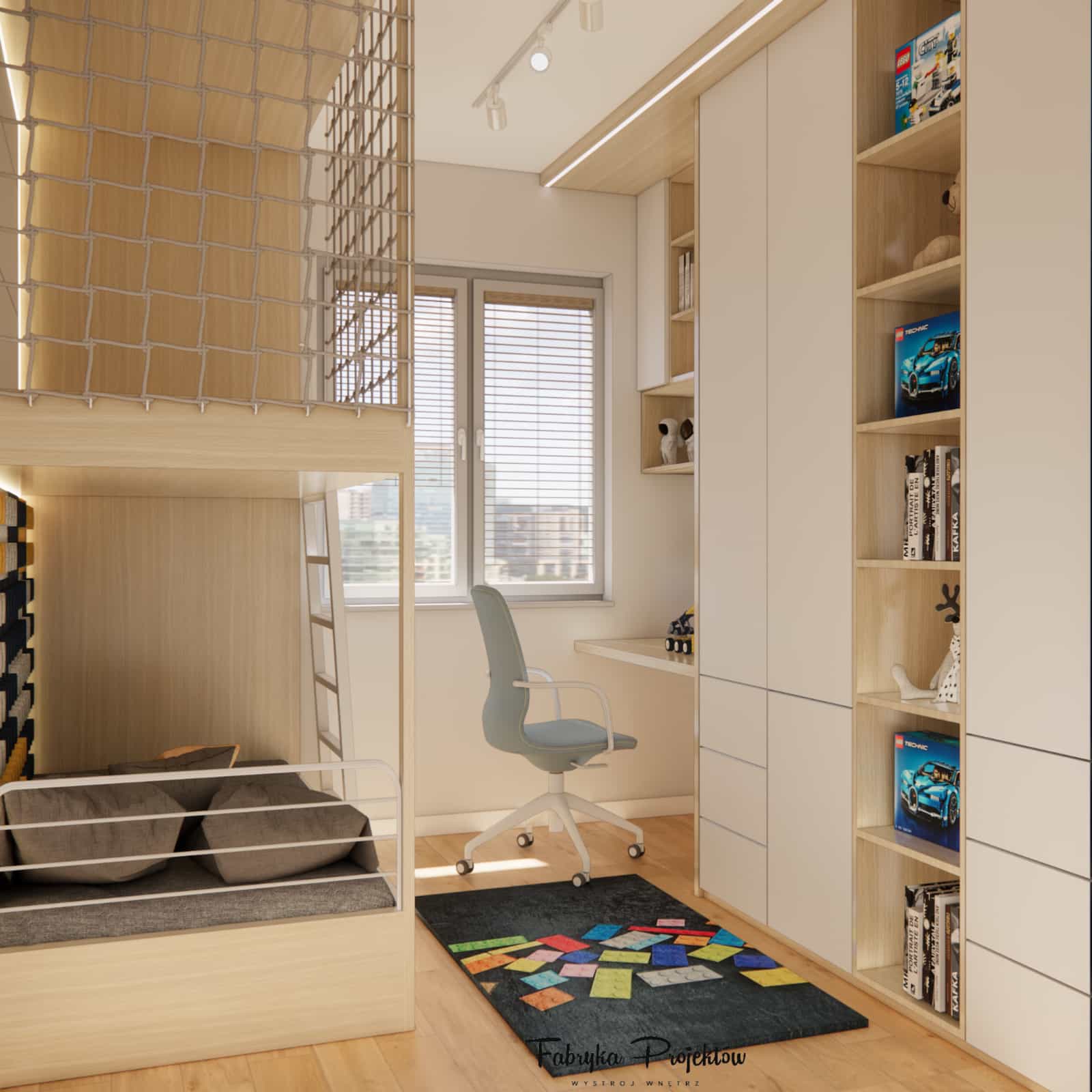 Projekt pokoju 6-latka 8,64m2 z antresolą – schody z szufladami i wydzielona strefa snu pod konstrukcją