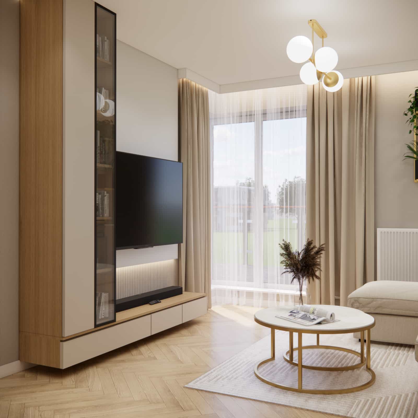 nowoczesny salon z aneksem 22m2 w ciepłej elegancji jasna aranżacja wnętrza z sofą i zabudową RTV