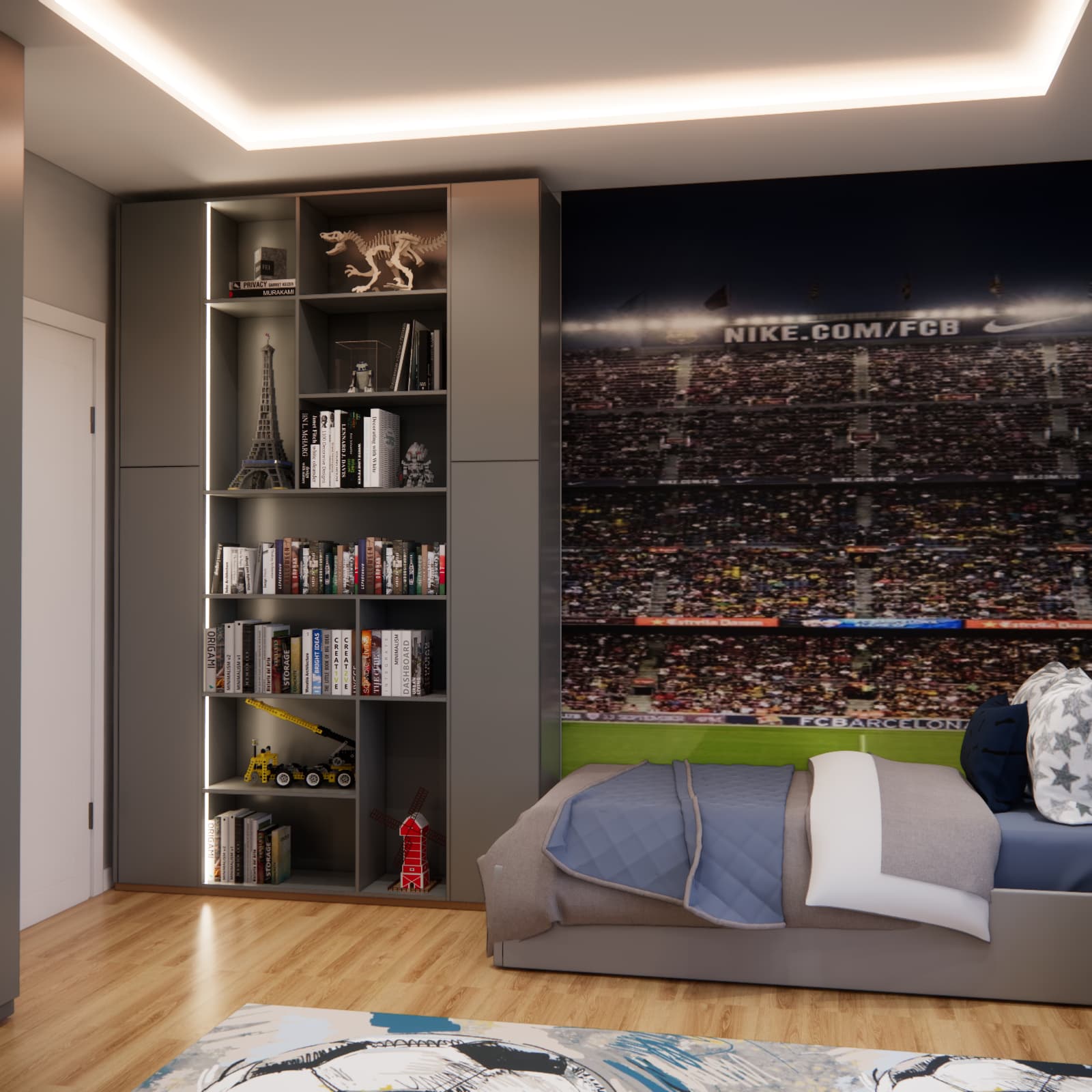 Shelving for books and models next to the bed in a teen bedroom
