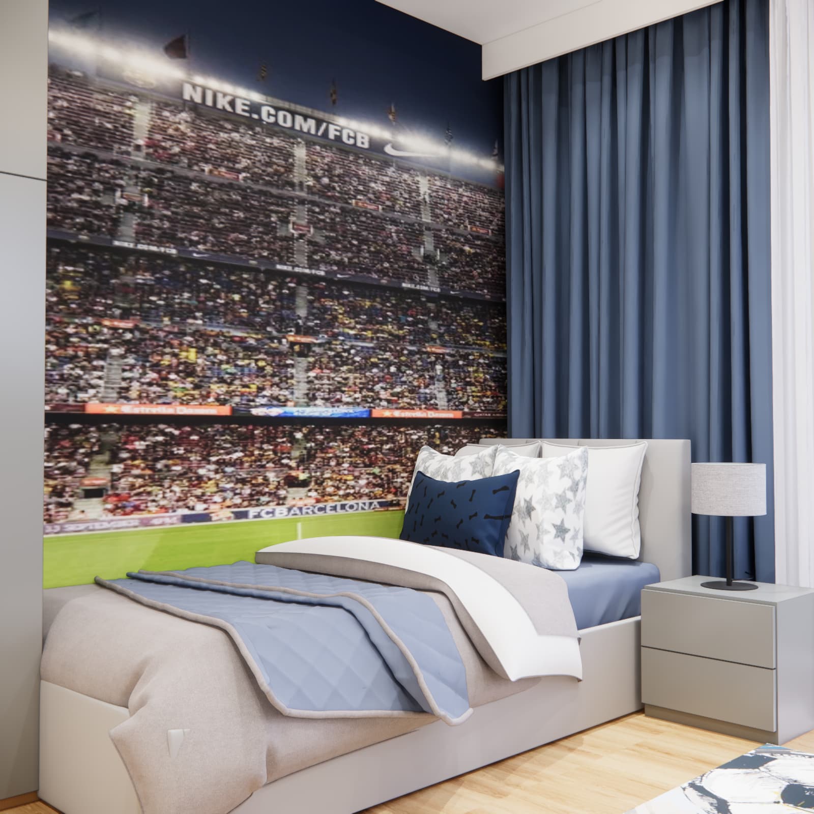 Sleeping area in a teen bedroom with navy blue accents