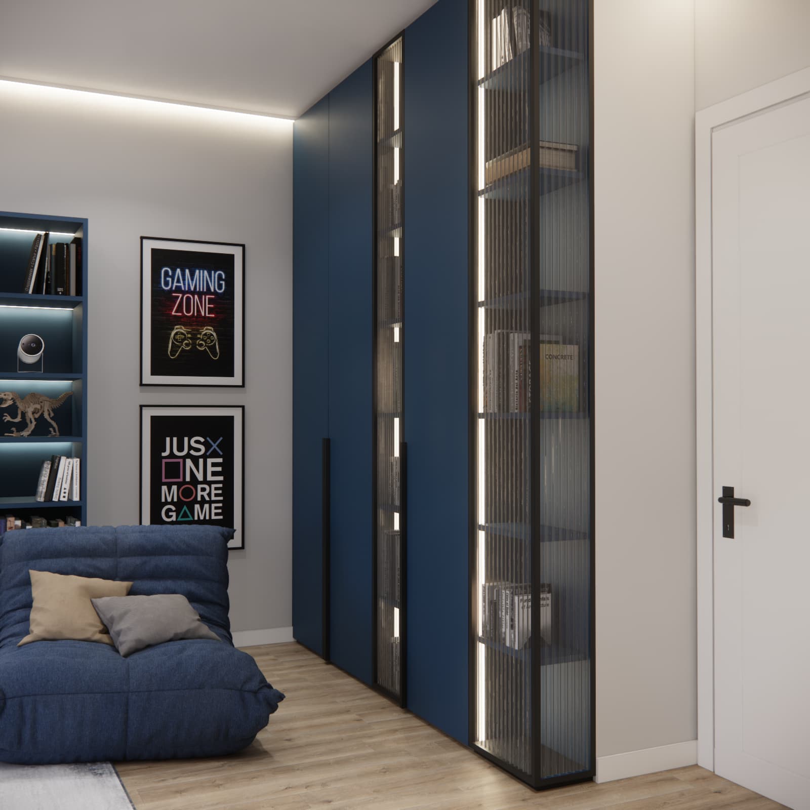 Custom storage next to the bed designed to conceal projector cables in a teen bedroom