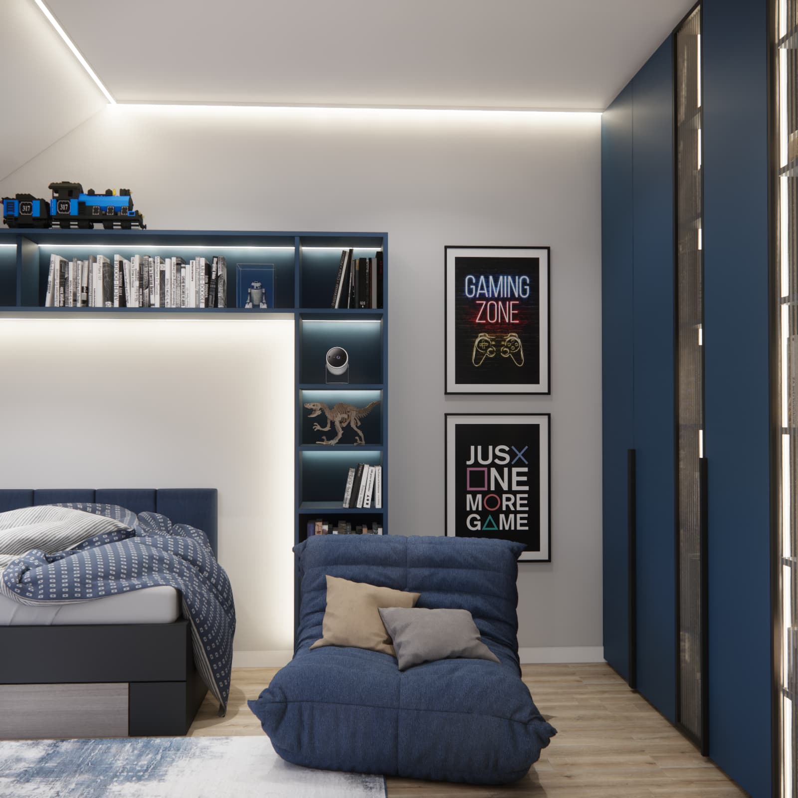 Room design for a 16-year-old with a projector, navy blue storage and relaxation area