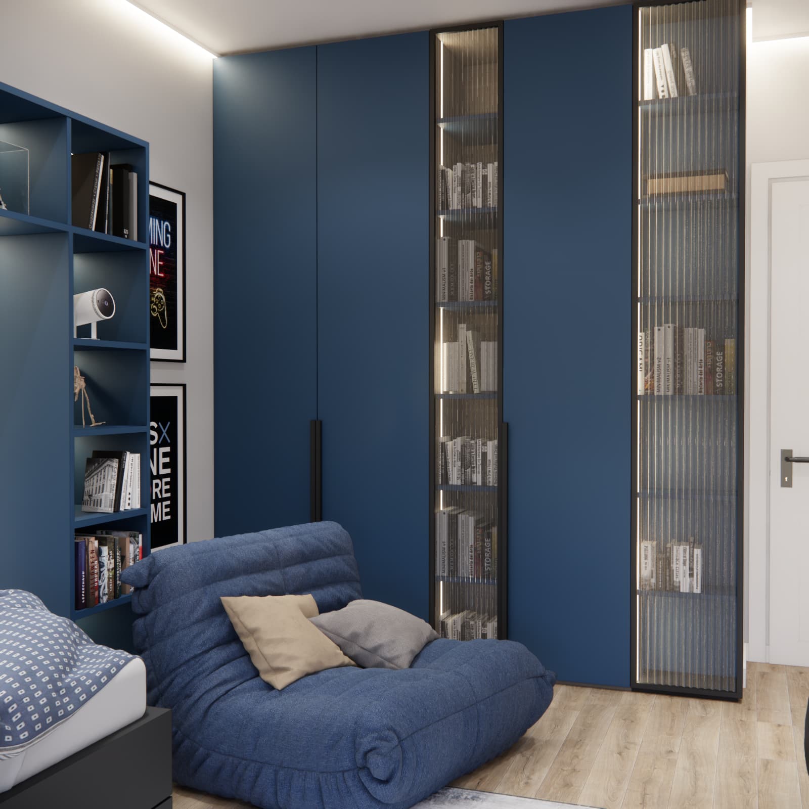 Study area in a teenager's room with a desk, monitor and custom storage above the worktop