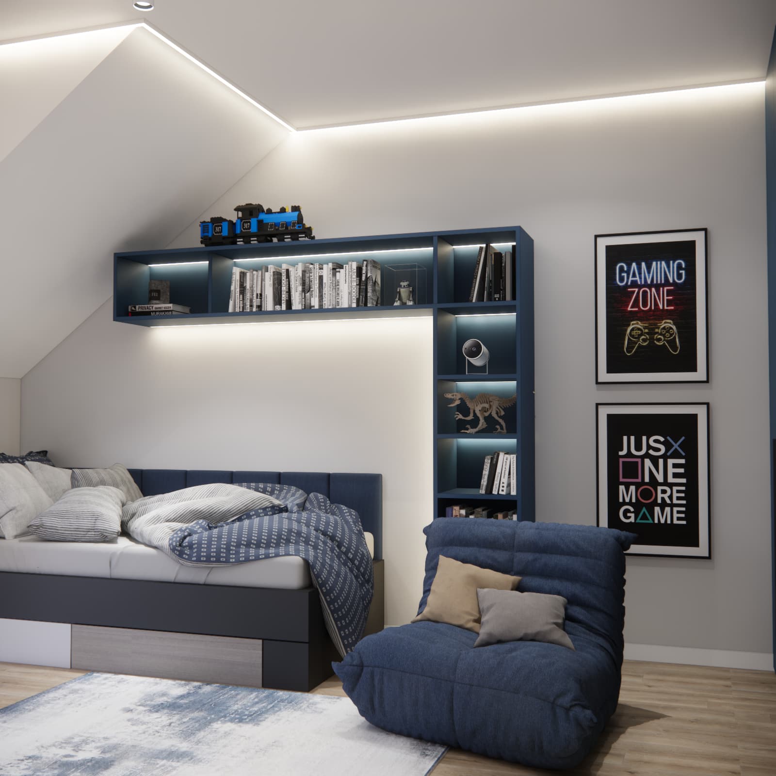 Teen bedroom for a 16-year-old with a bed under the sloped ceiling and a navy blue armchair