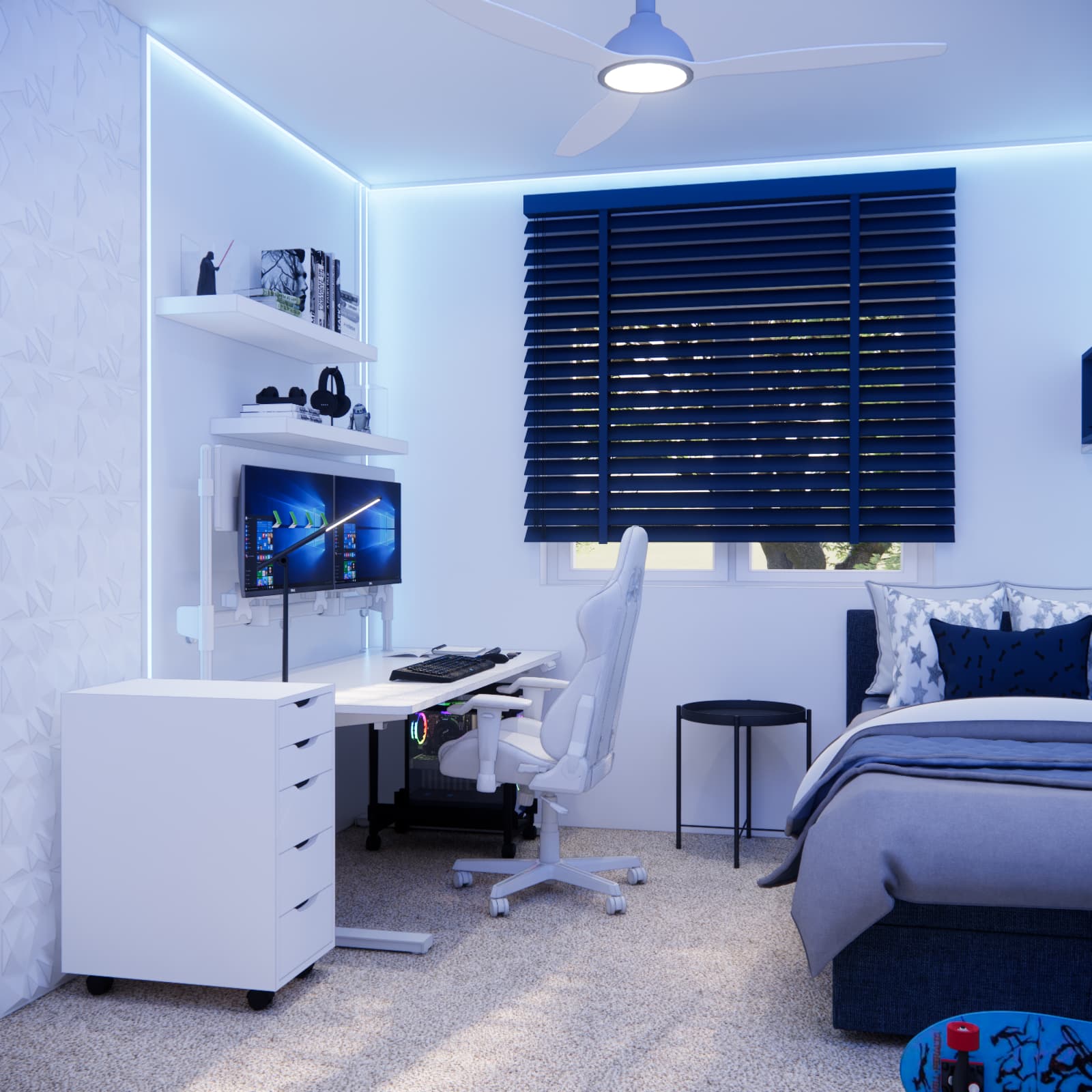 Rafał’s 12 m² bedroom with a white desk, navy bed and blue lighting along the ceiling