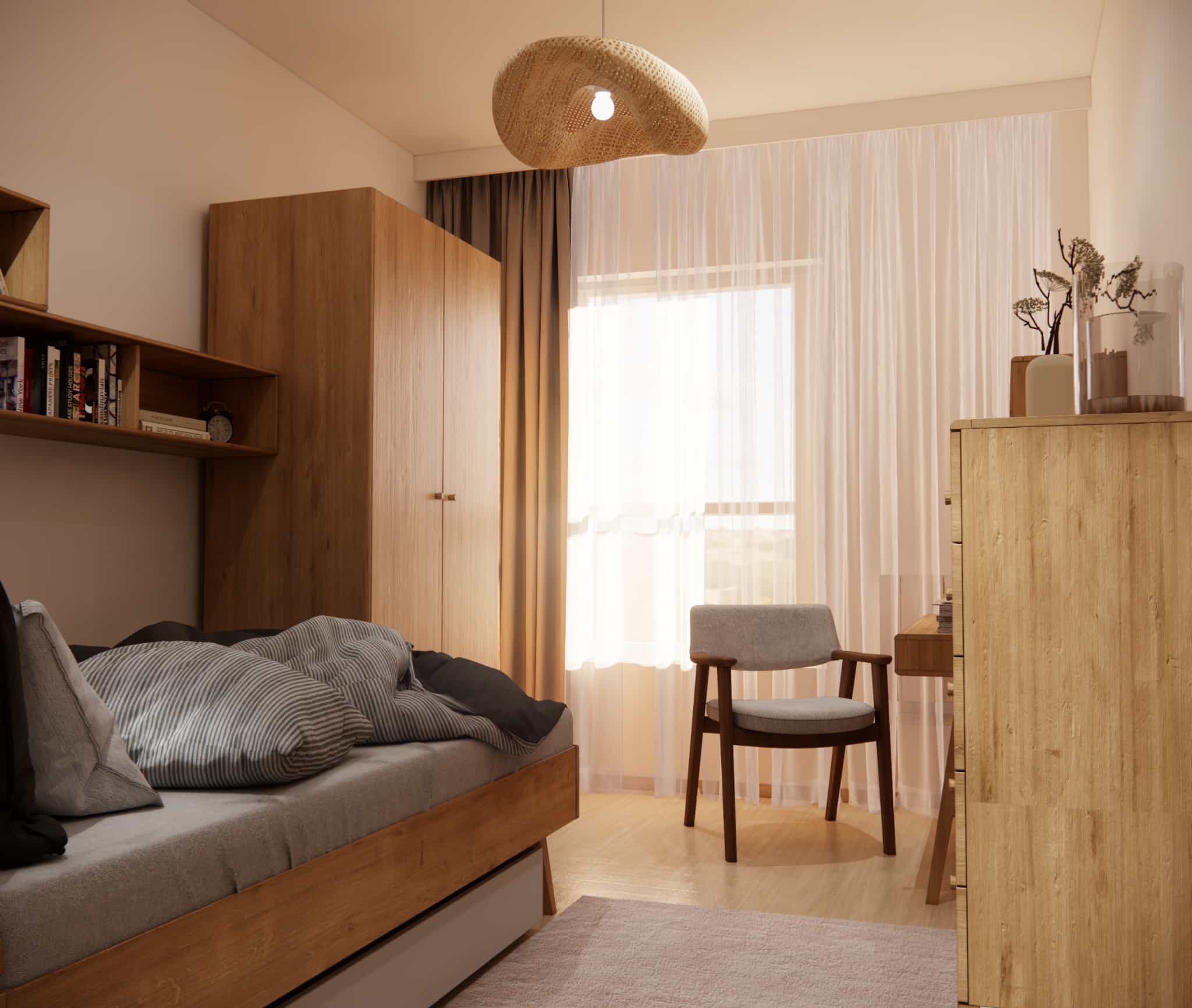 Teen room 10m2 for a 15-year-old girl – a wooden bed frame, a desk by the window, and a bright, calm color palette