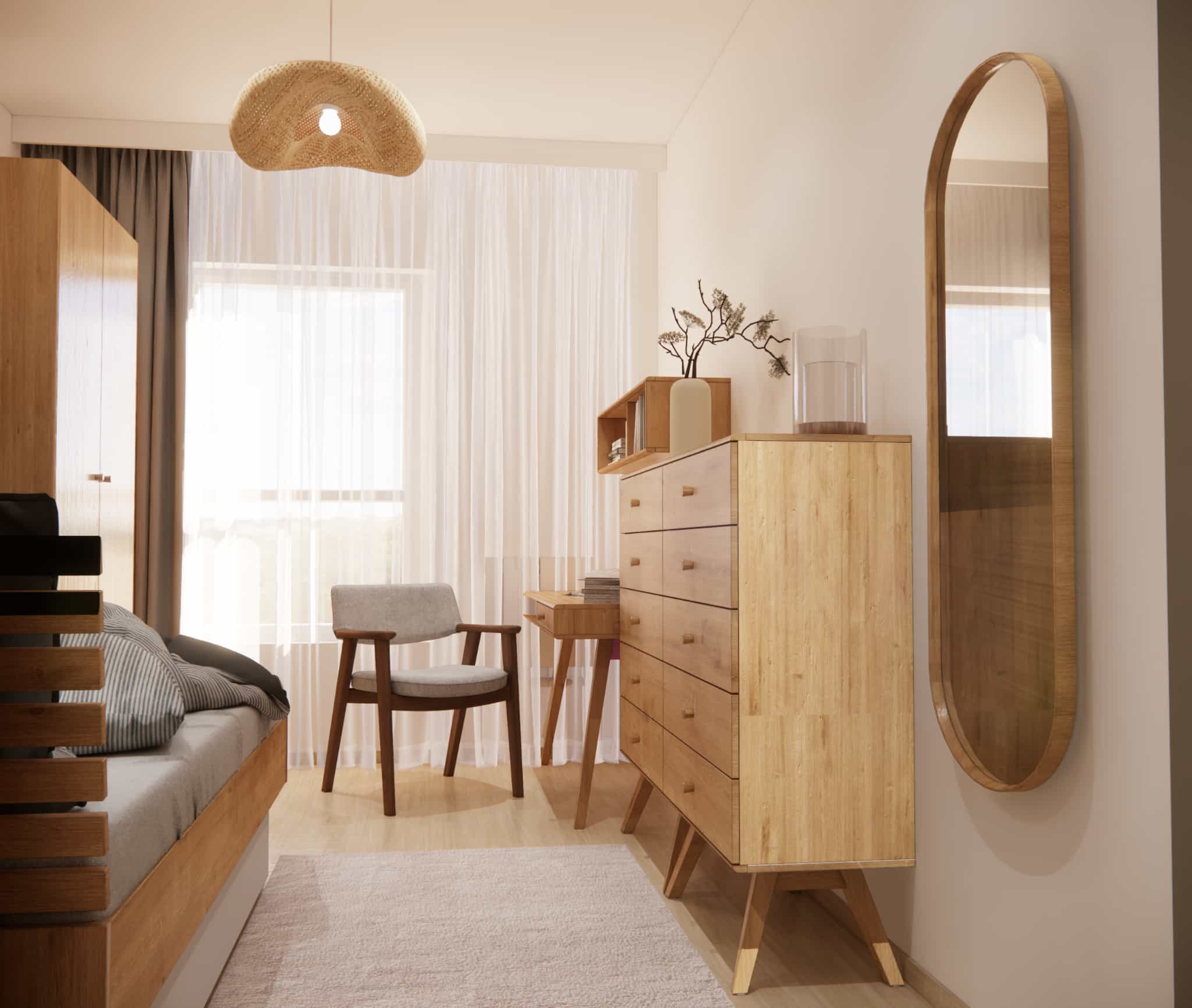 Room for a 15-year-old girl in a natural style – bright arrangement with a wooden dresser, mirror, and study zone, Fabryka Projektów project