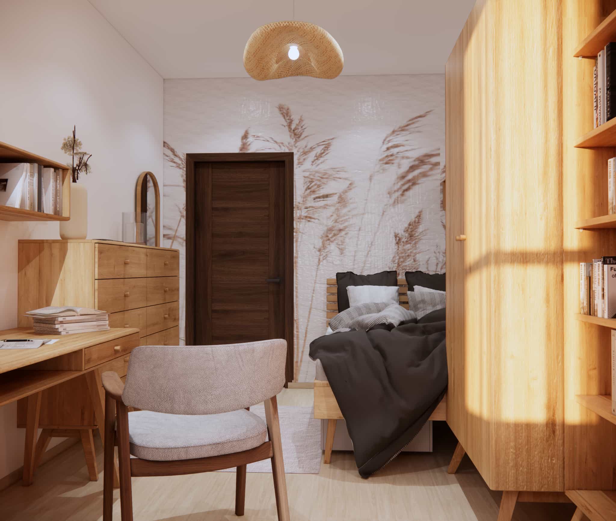 Small teen room 10m2 – a harmonious arrangement with wood, light textiles, and ready-made furniture
