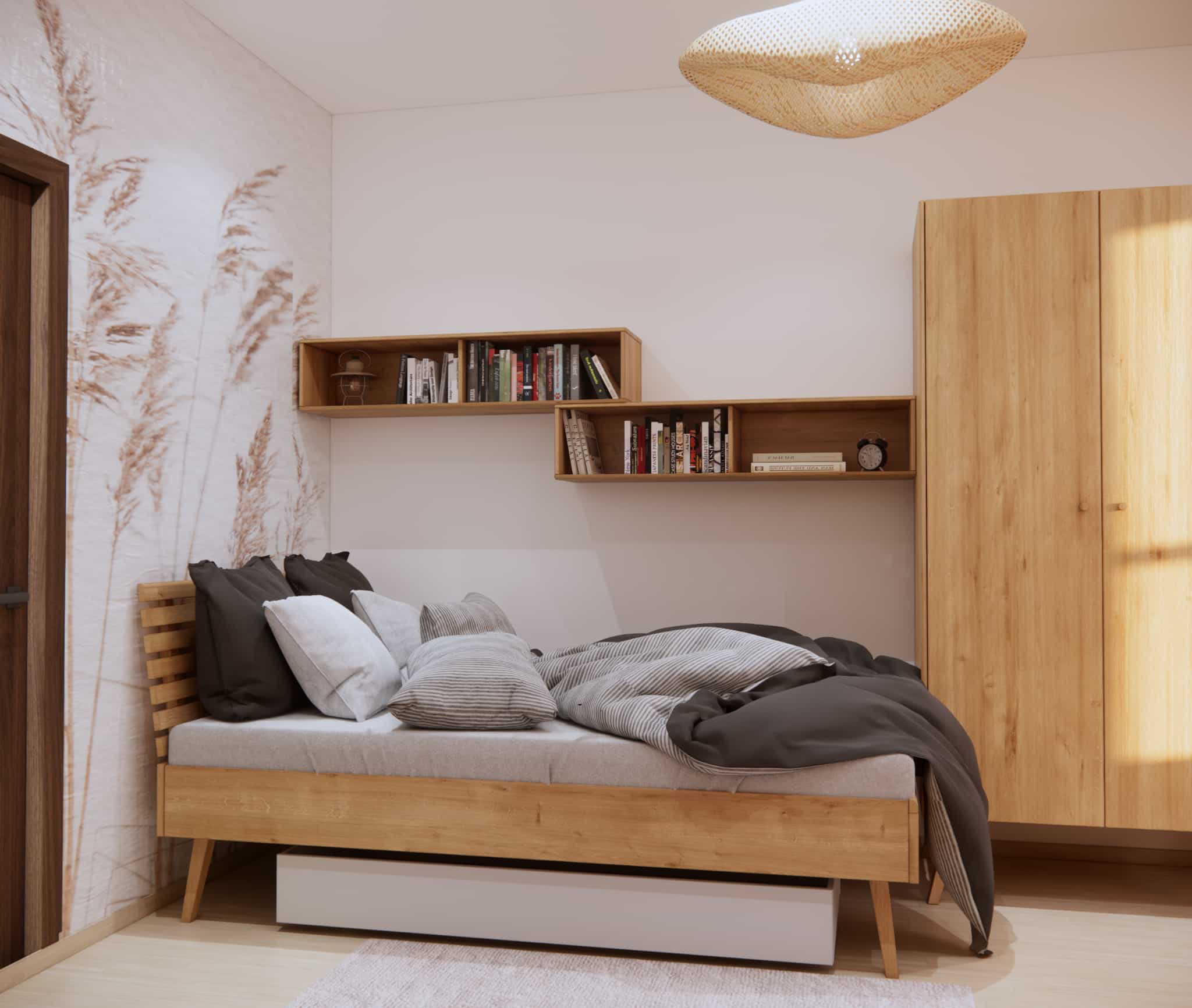 Room for a 15-year-old girl with a botanical wallpaper – a cozy sleep zone in a bright, natural arrangement