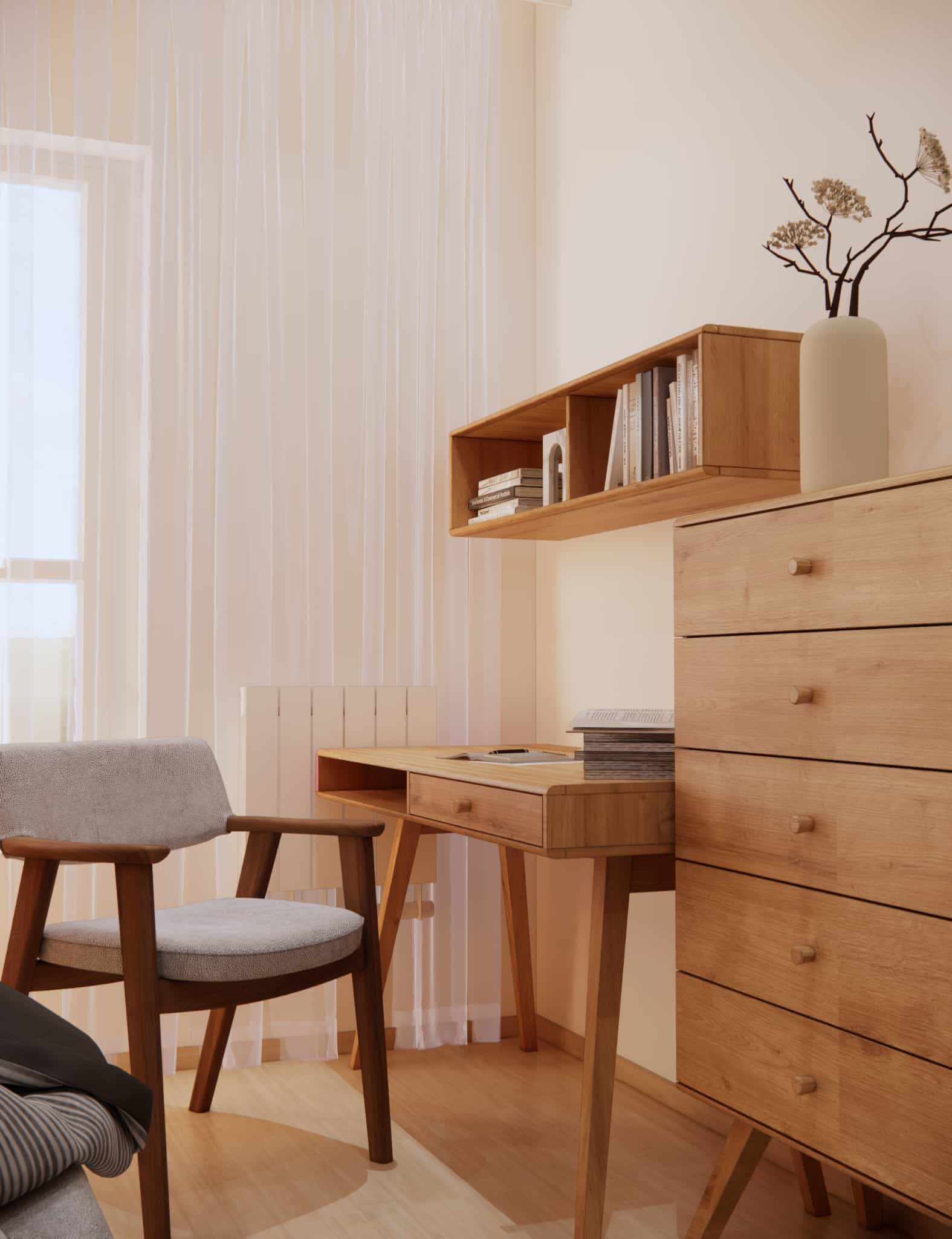 Study zone in a room for a 15-year-old girl – a wooden desk, an upholstered chair, and natural daylight