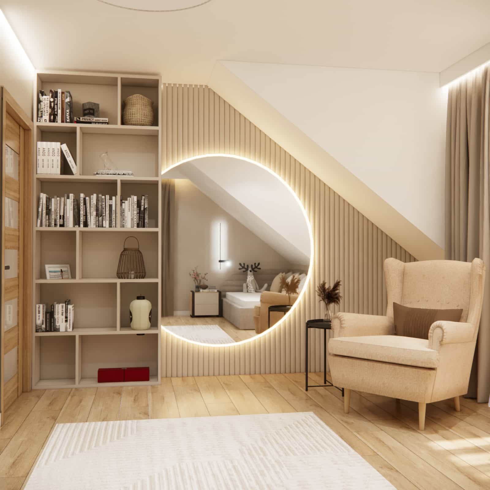 Calm relaxation zone in a teenage girl’s room: round mirror, wooden slats, shelving unit and a comfortable armchair
