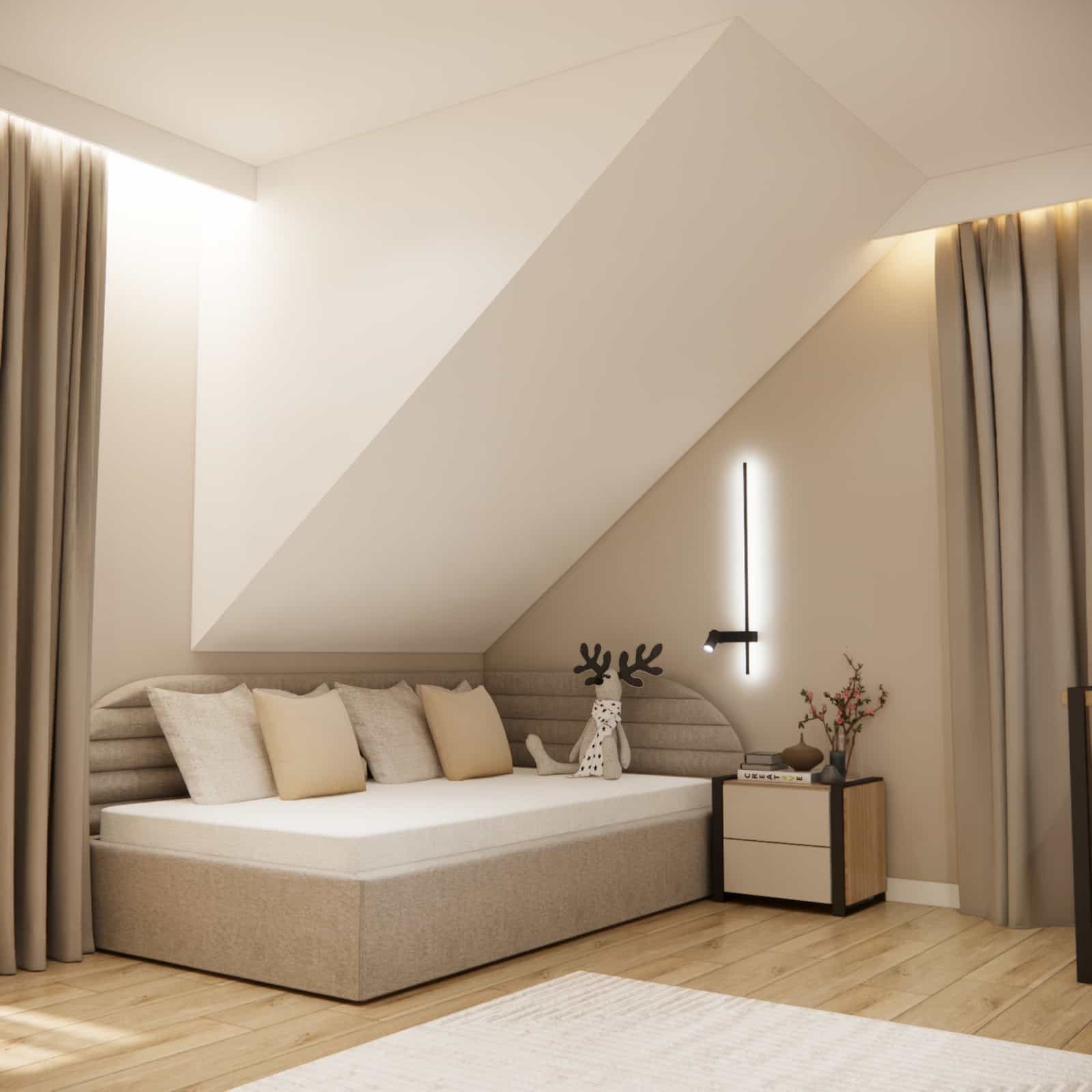 Comfortable bed under a sloped ceiling, bedside table and wall light in a teenage girl’s room