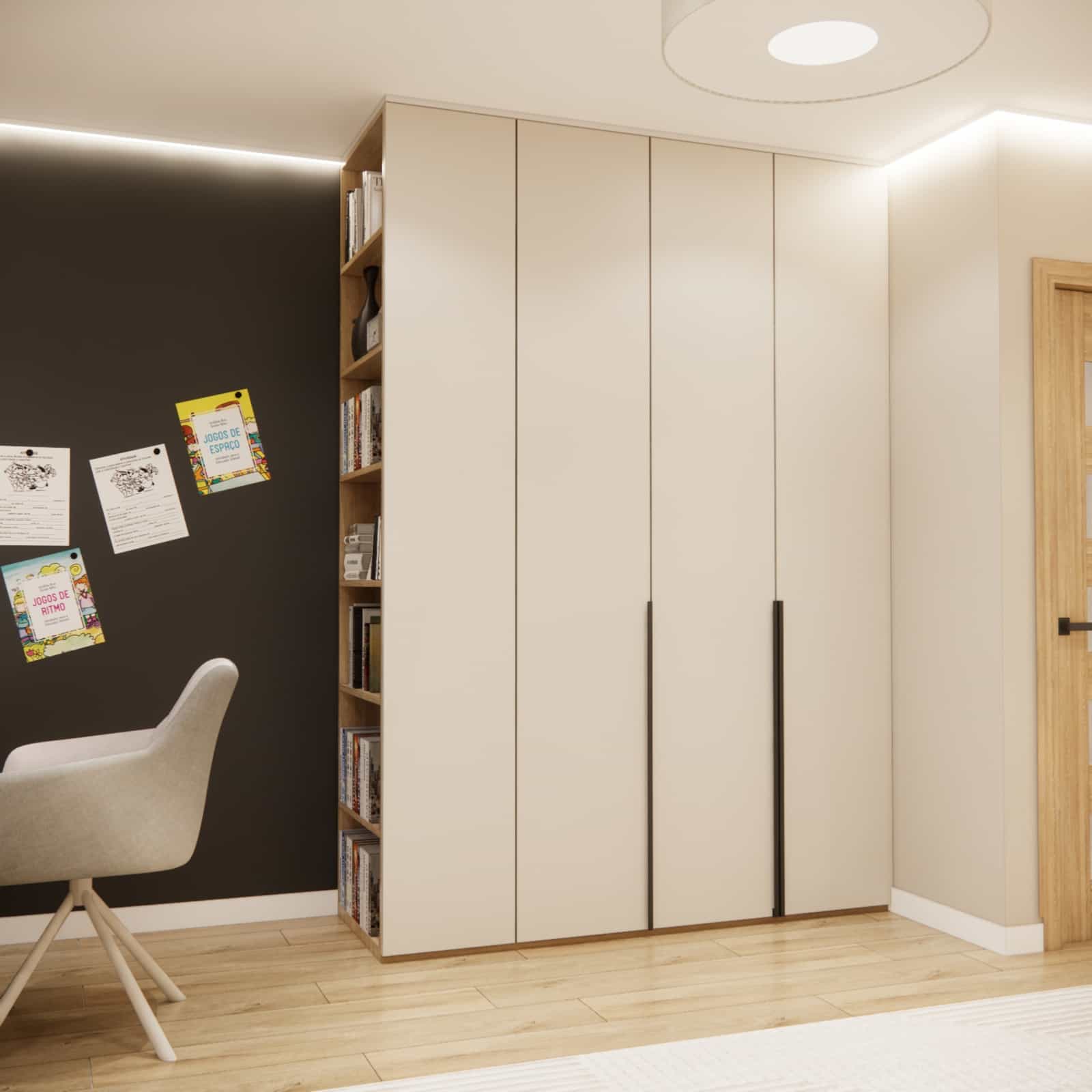 Built-in furniture in a 14-year-old girl’s room: matte fronts and black handles