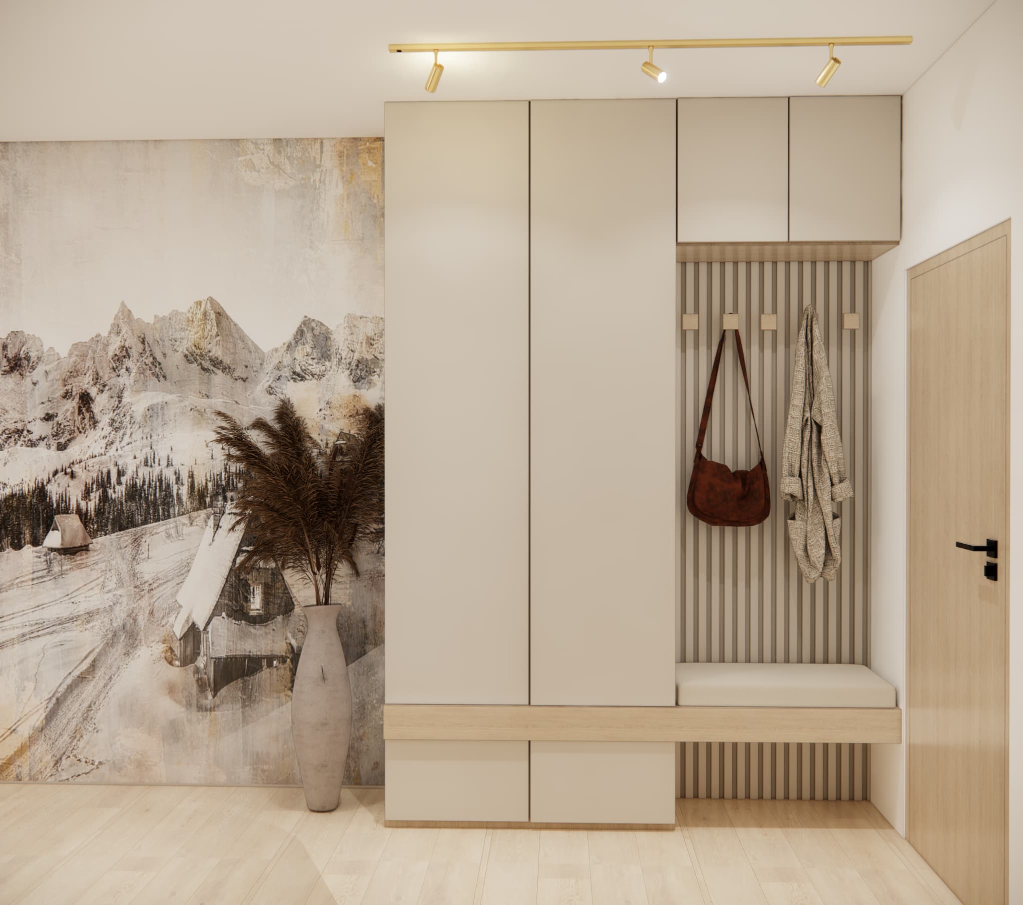 Complete 30 m² apartment design with light wood, beige, green and gold details