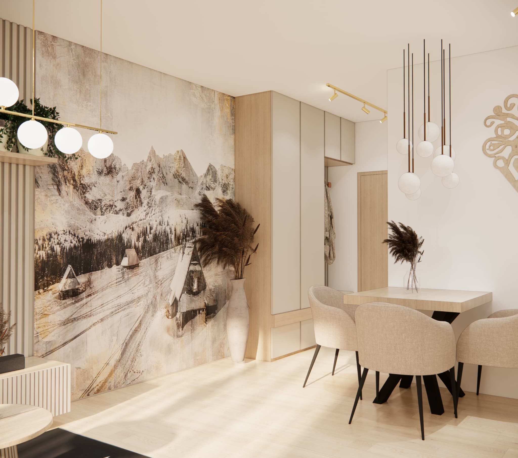 Dining area in a small 30 m² apartment with a wooden table and upholstered chairs