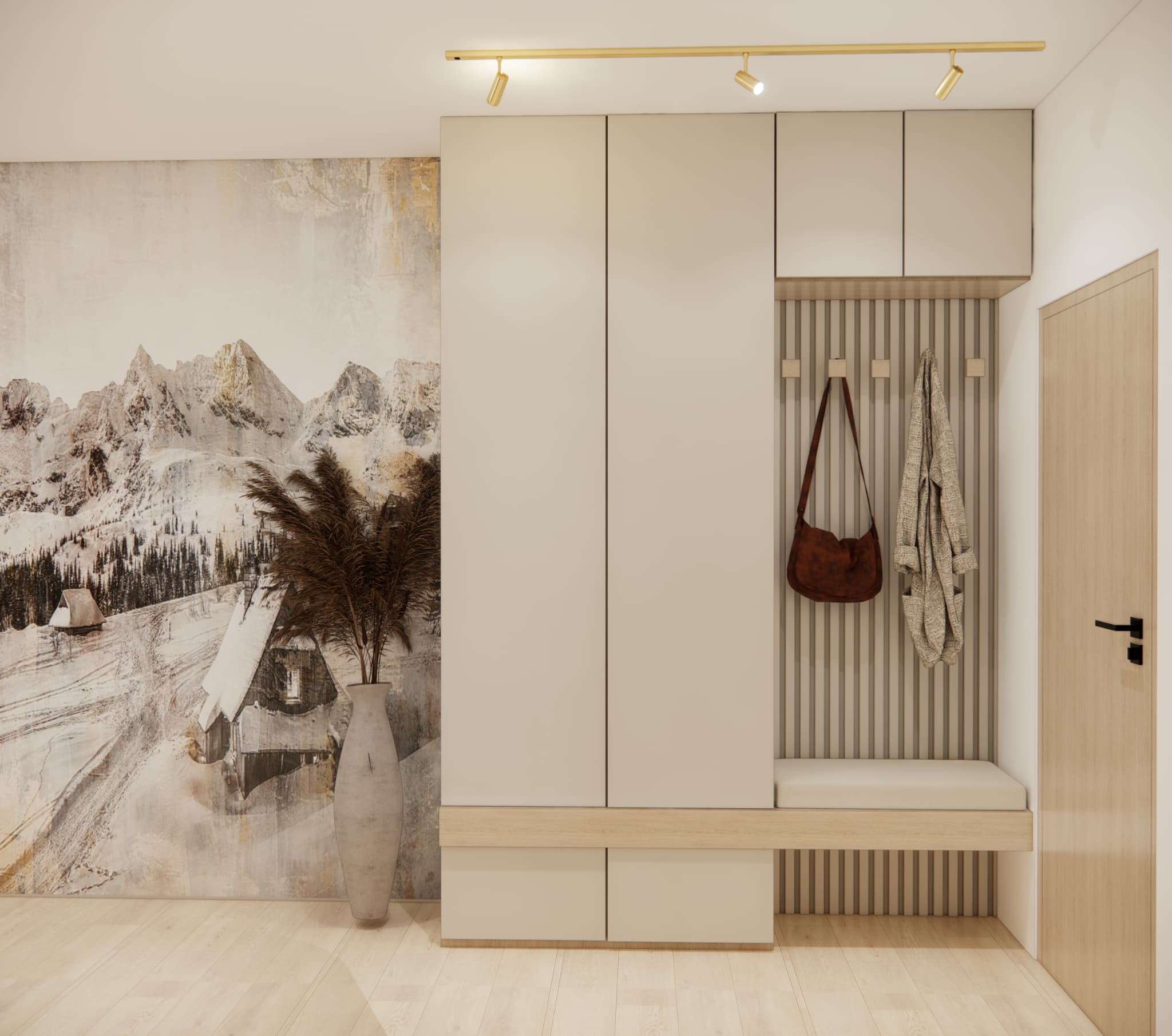 Hallway built-in furniture with hooks, bench and cabinets in a 30 m² apartment