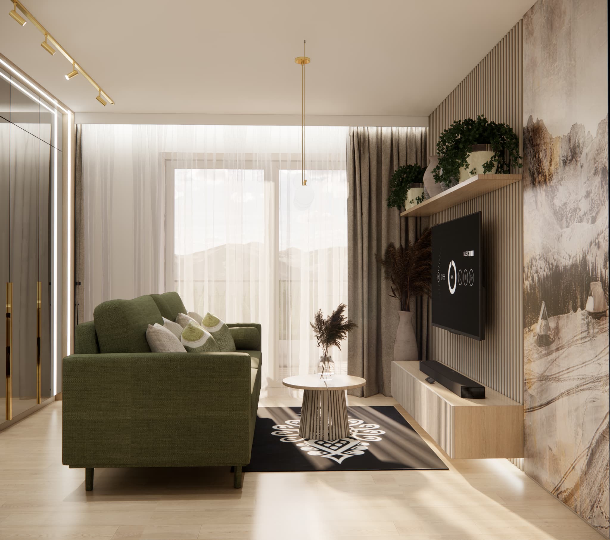 Small living room in a 30 m² apartment with a green sofa, coffee table and large glazing