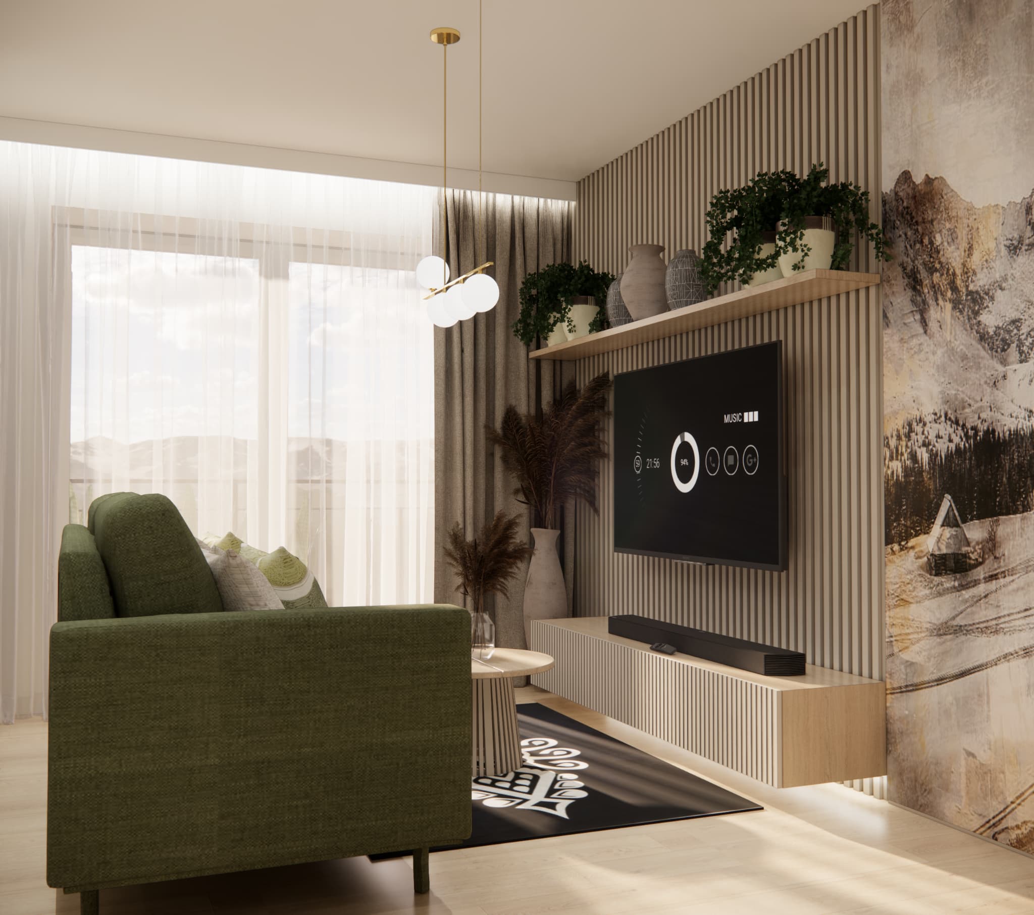 Aranżacja salonu w mieszkaniu 30 m2 z zieloną sofą i jasnym drewnem