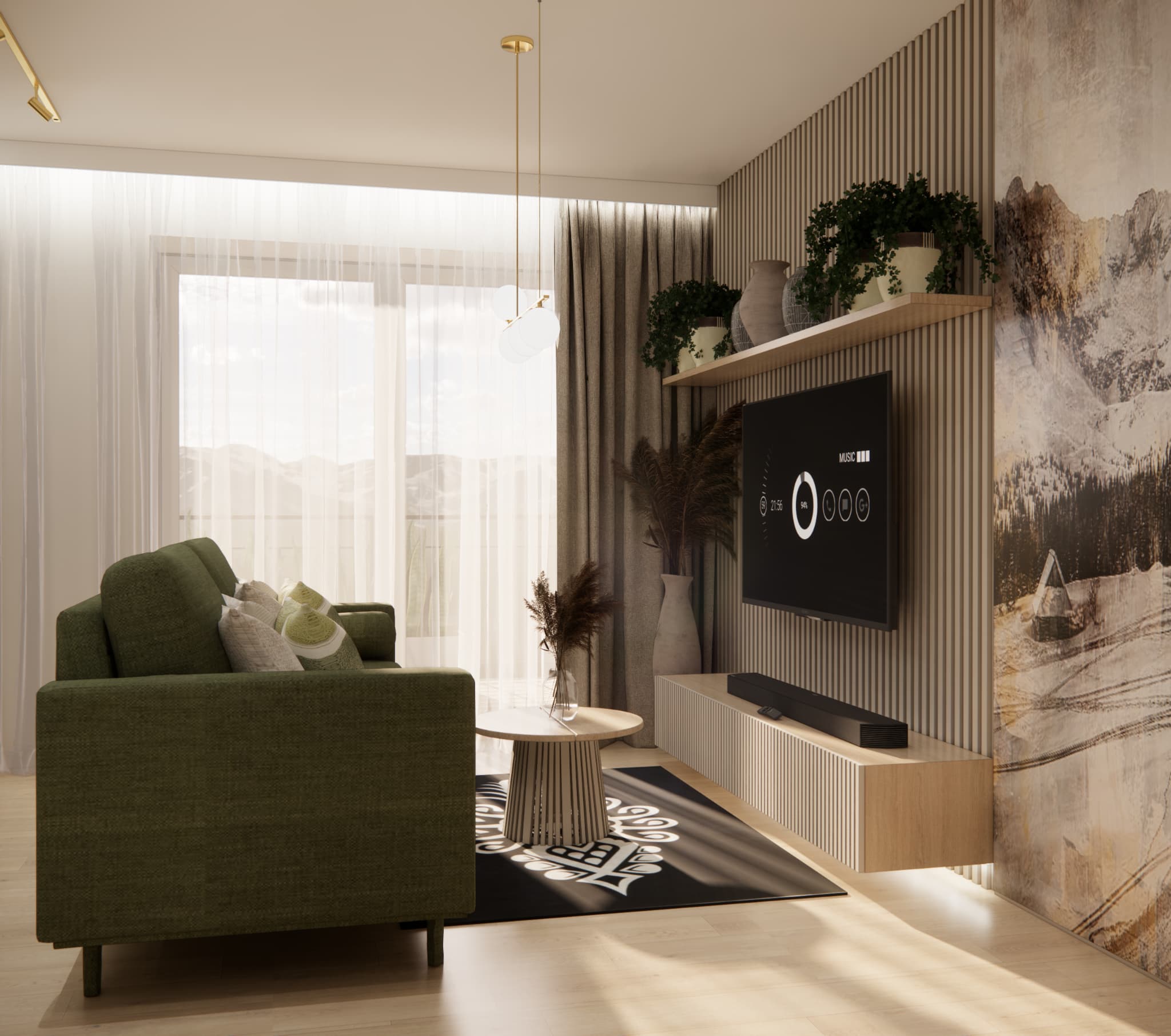 Projekt mieszkania 30 m2 – salon z zieloną sofą, ścianą RTV i drewnianymi lamelami