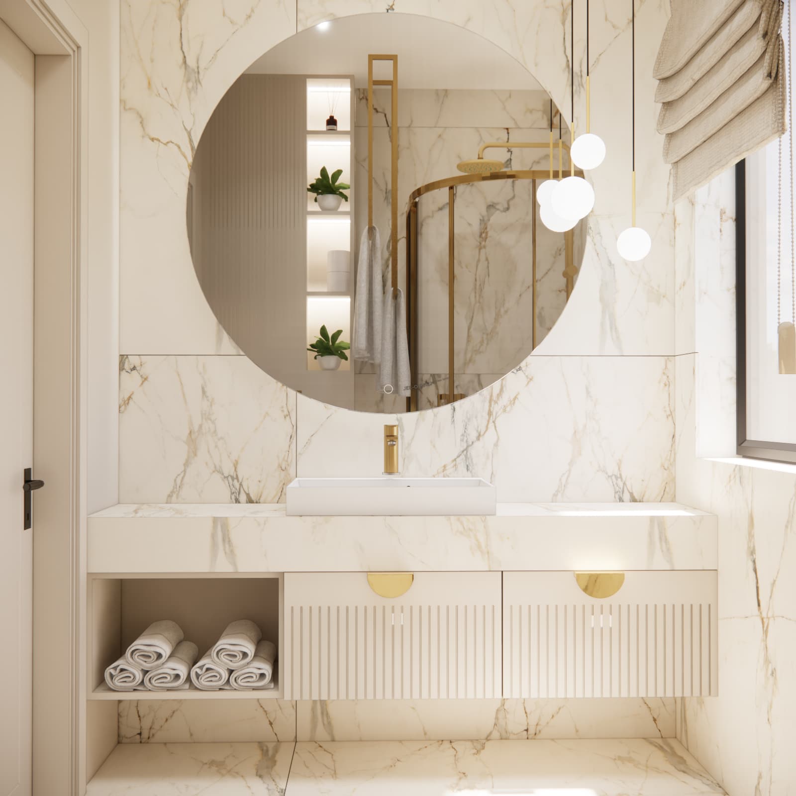 Ground-floor bathroom with a large round mirror, marble-effect tiles and gold details