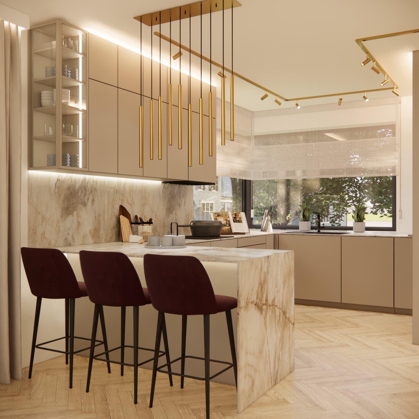 Kitchen design in a 110 m² house in Zgierz with beige cabinetry, peninsula and gold lighting