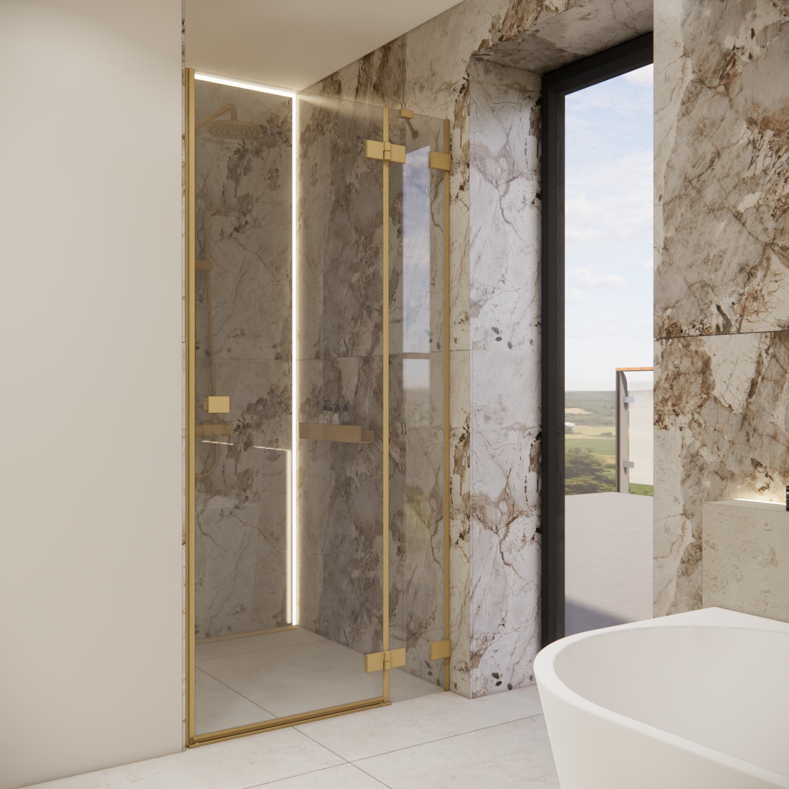Shower with gold profiles in an attic bathroom of a 110 m² house