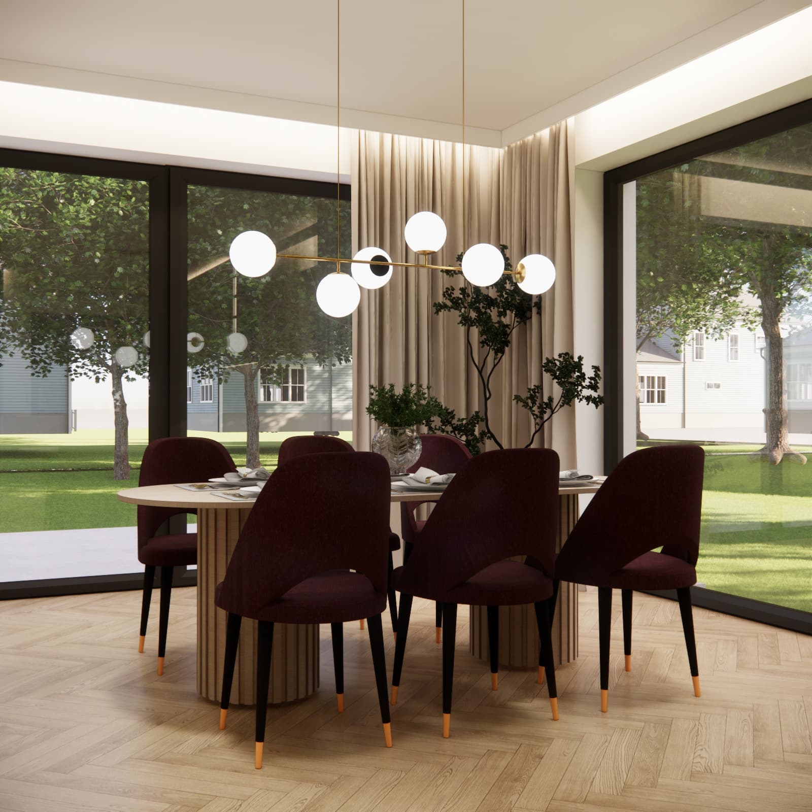 Jadalnia w projekcie domu 110 m² z bordowymi krzesłami, dużymi przeszkleniami i złotą lampą