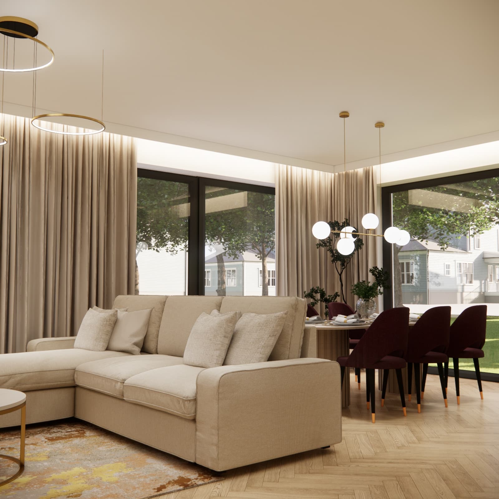 Jasny salon połączony z jadalnią w projekcie domu 110 m² w Zgierzu