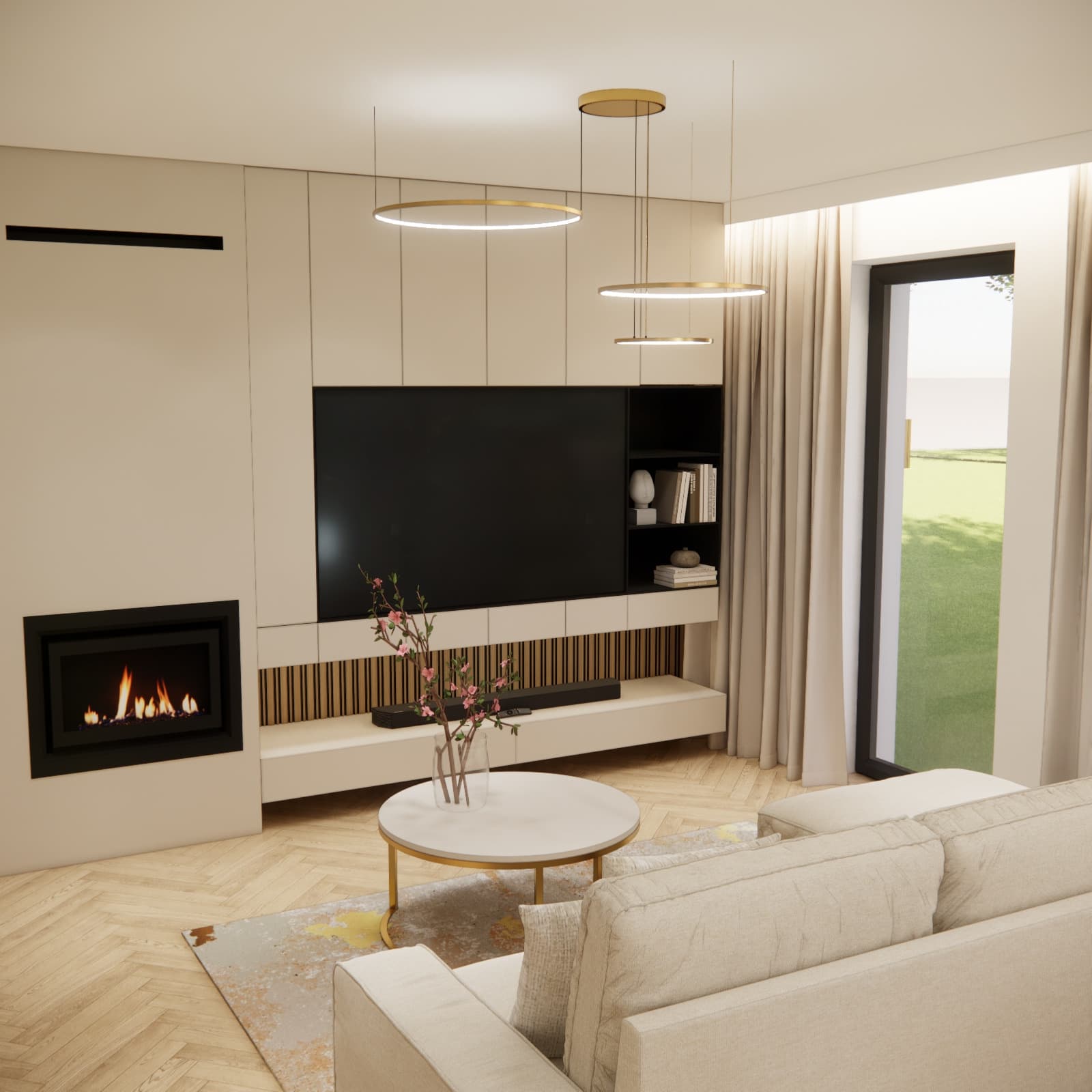 Ściana RTV z kominkiem w eleganckim salonie domu jednorodzinnego 110 m²