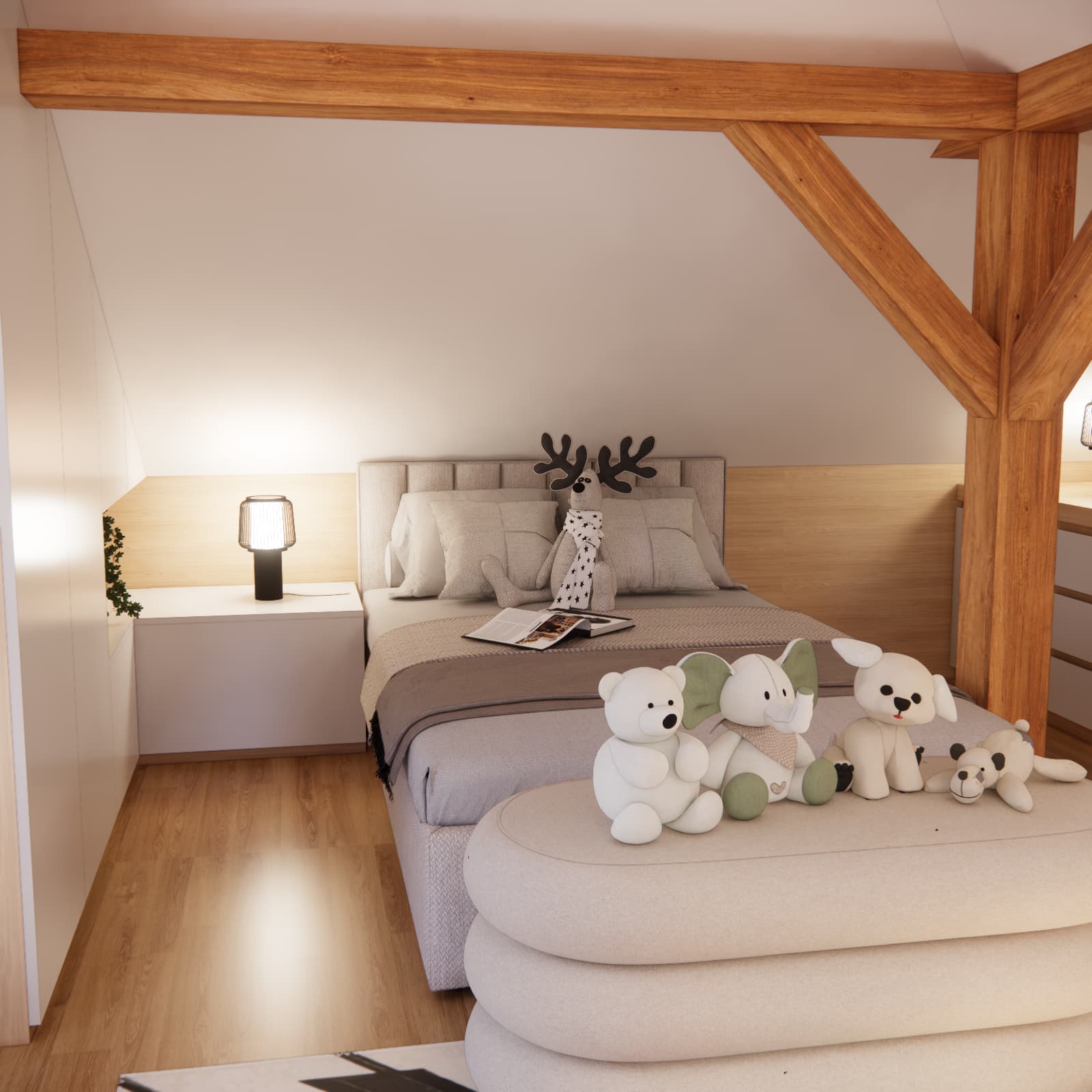 Attic room design for a girl with a bed under the sloped ceiling and wooden beams