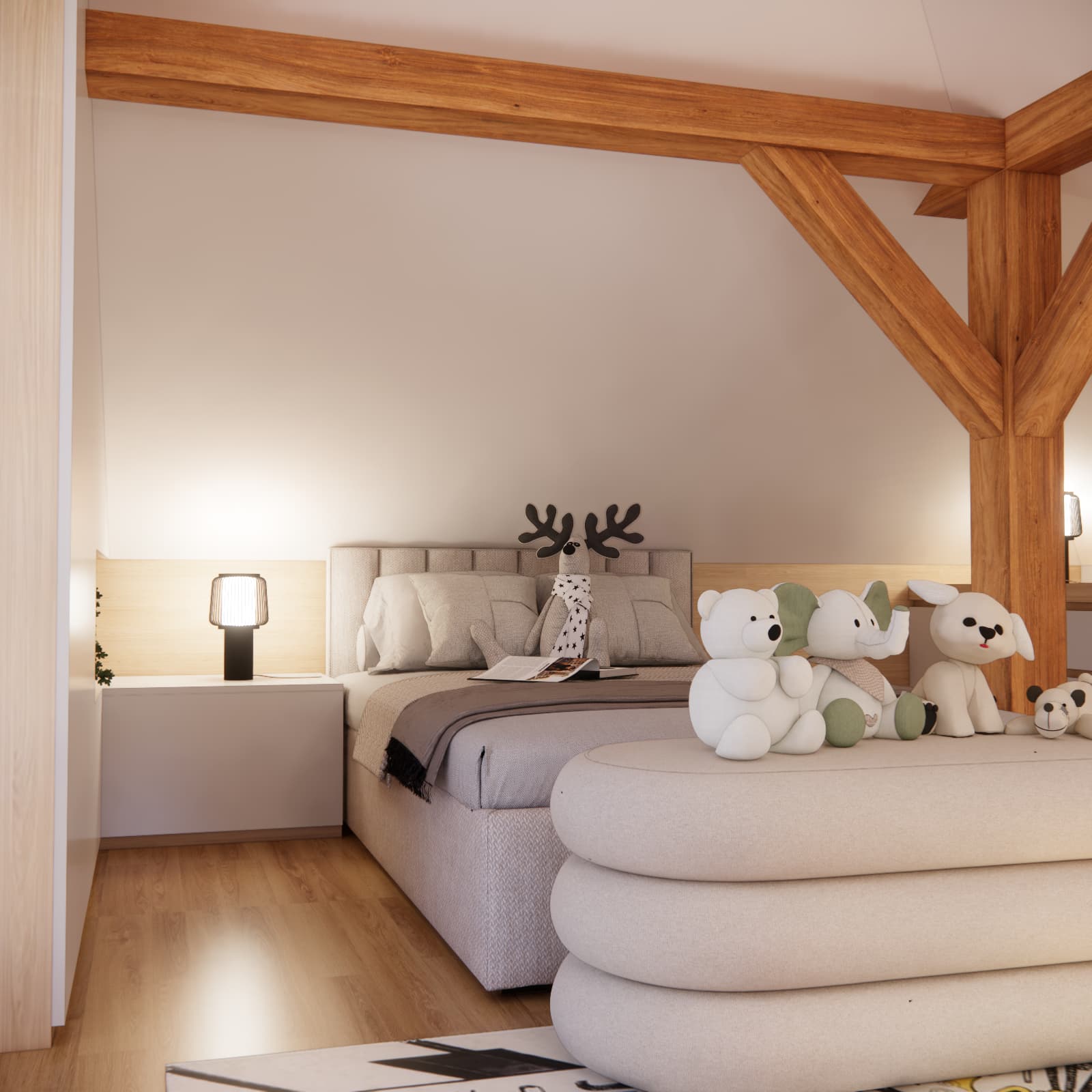 Attic room for a 10-year-old girl with wooden beams and large sloped ceilings