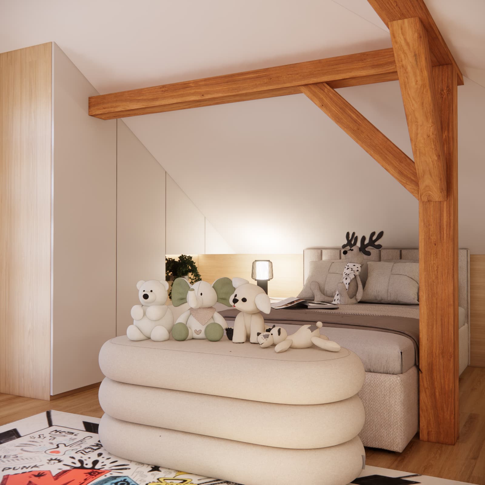 Bed under the sloped ceiling in an attic room for a 10-year-old girl
