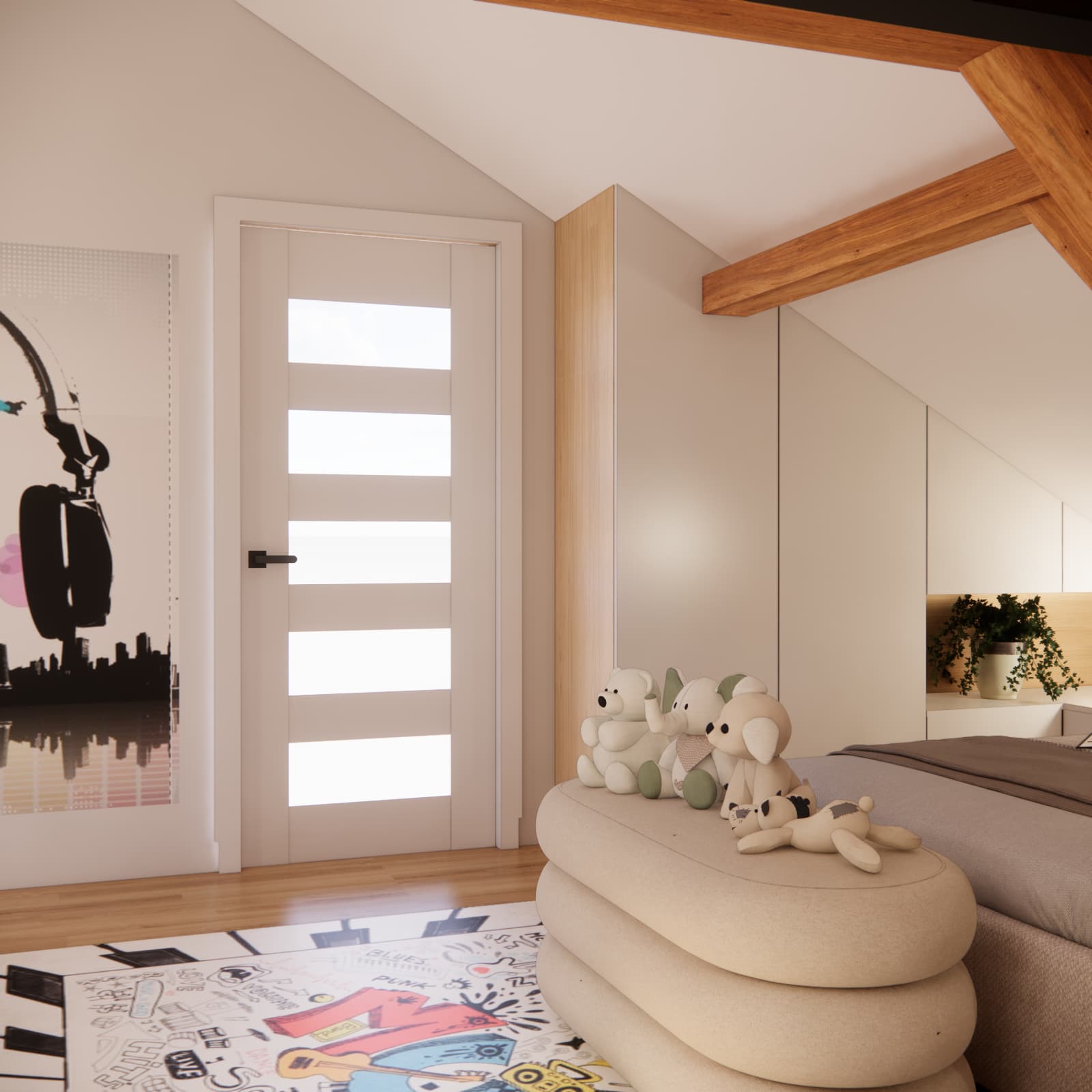 Built-in furniture under a large sloped ceiling in a girl's attic room