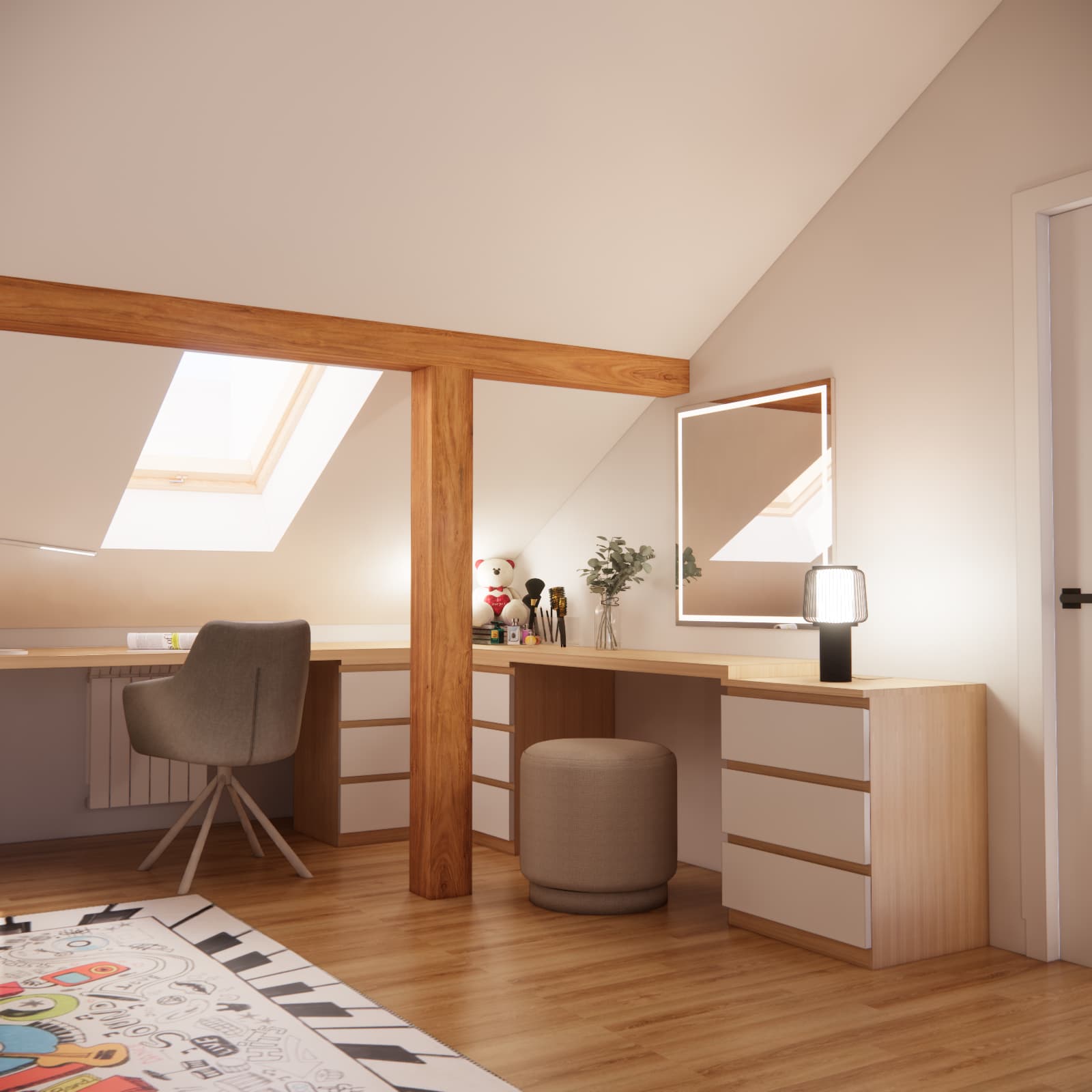Desk under a roof window in an attic room for a 10-year-old girl