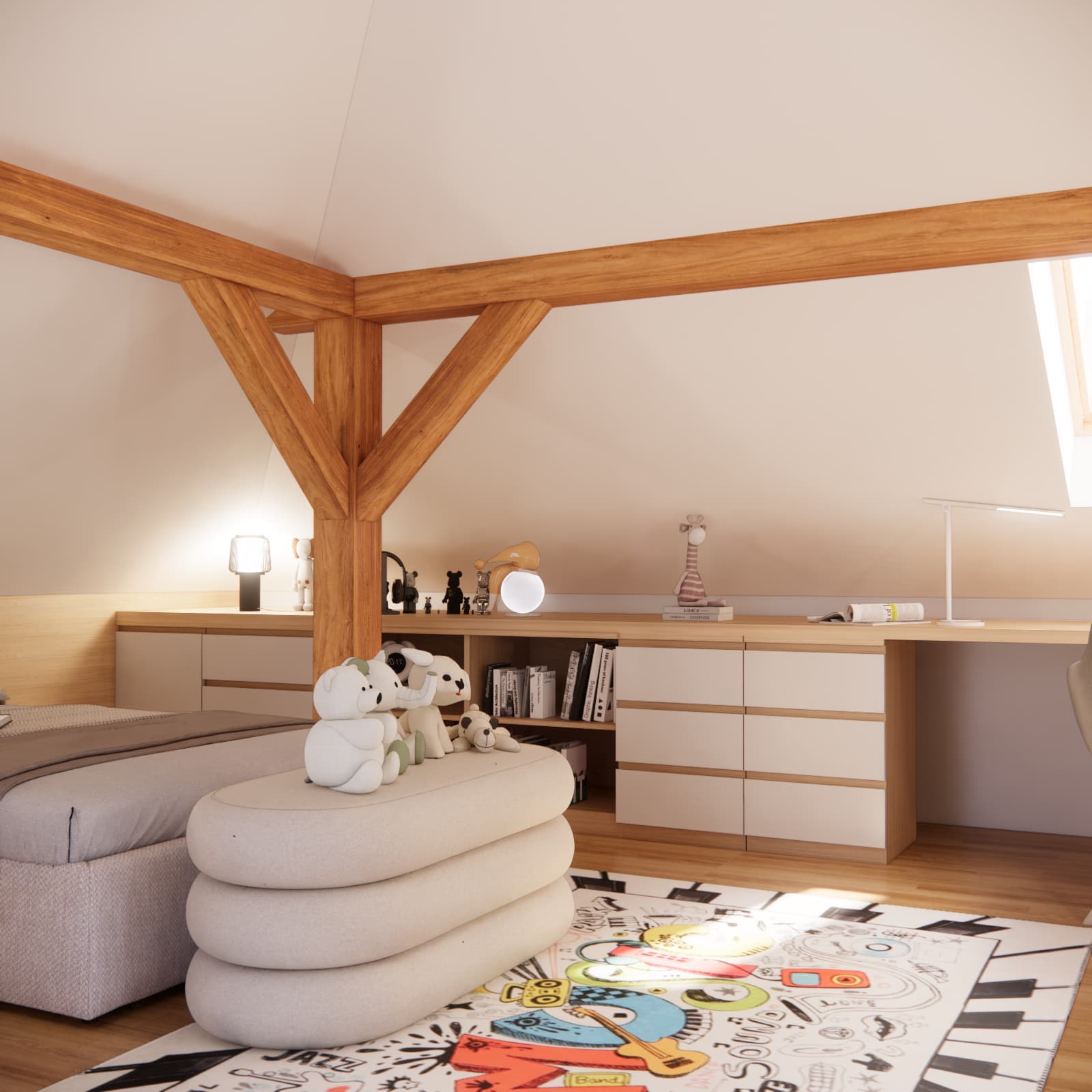 Long desk and built-in furniture under the sloped ceiling in a girl's attic room