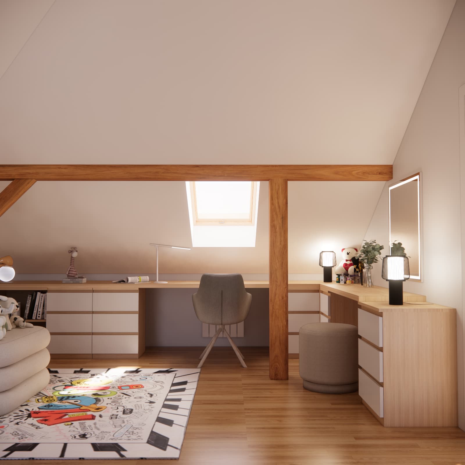 Relaxation area with soft seating in a girl's attic room