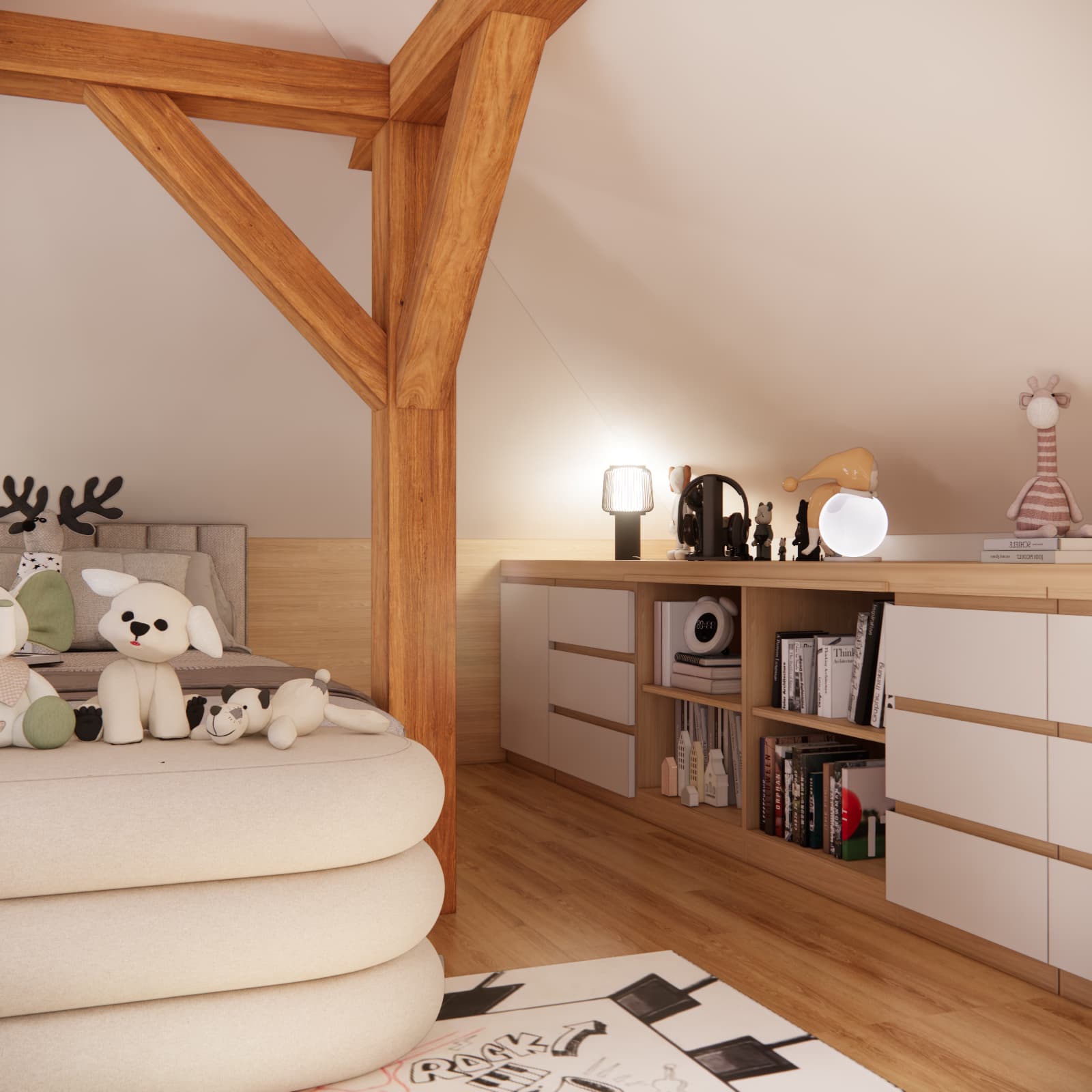 Wooden structural beams in a girl's attic room with sloped ceilings