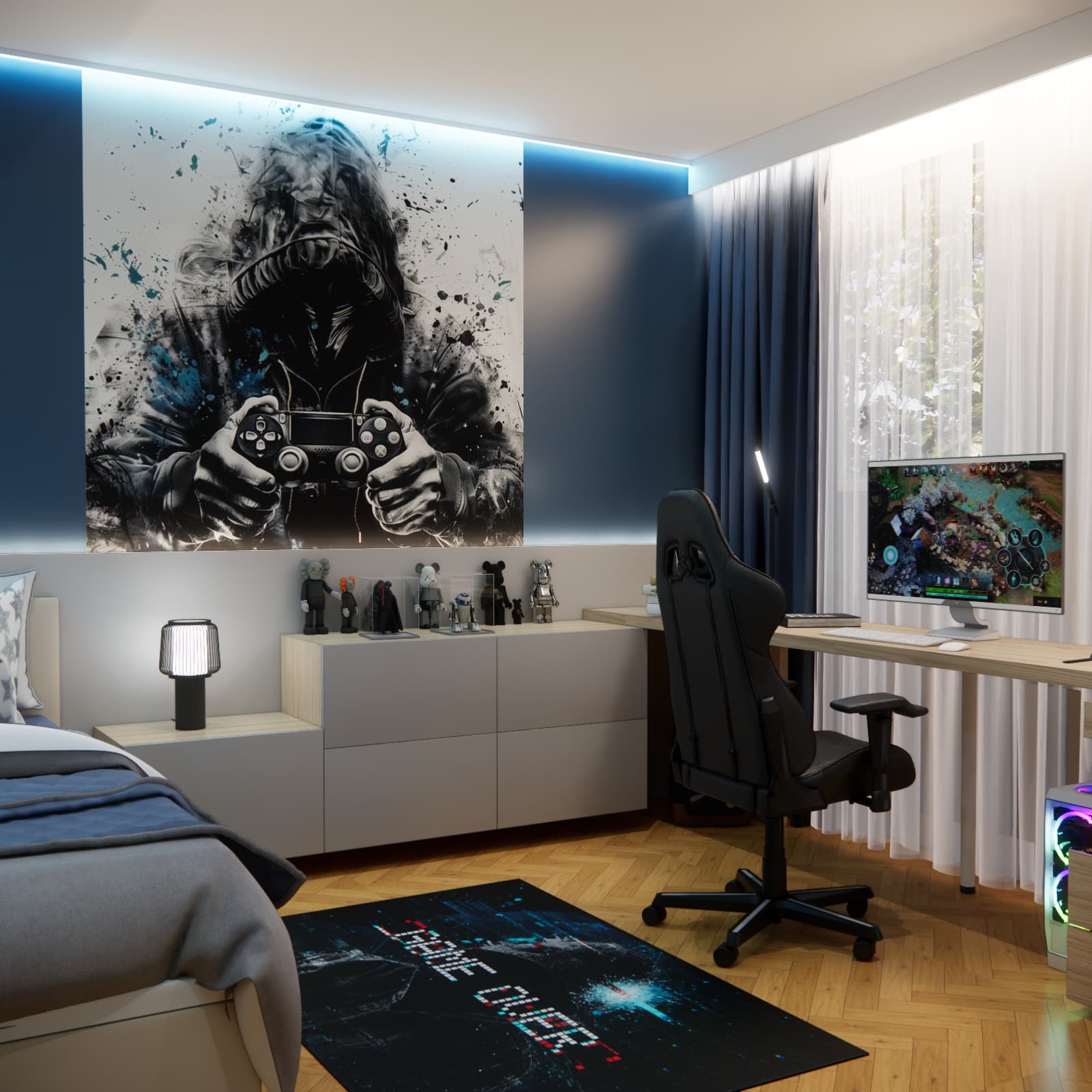A 12 m² gaming room with a light-coloured chest of drawers, a desk beneath the window and large wall art depicting a figure holding a controller.