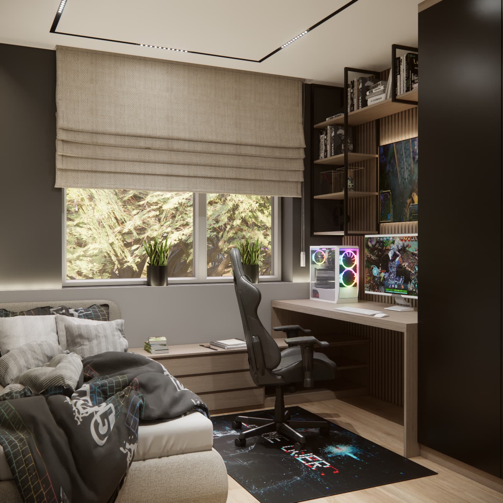 Gaming bedroom with a Roman blind, ceiling lighting set within black lines and a light-coloured bed beside the desk.