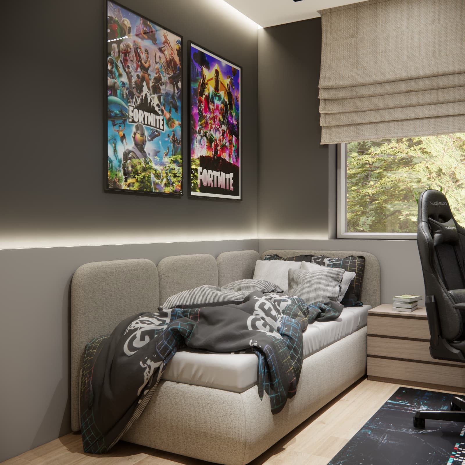 Light upholstered bed with vertical panels, dark gaming-themed bedding and Fortnite posters on the wall.