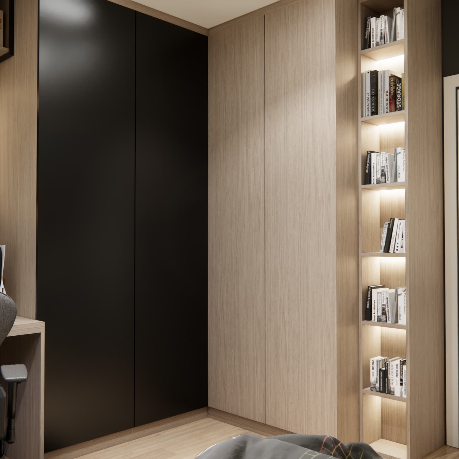 Tall cabinetry in a teen bedroom with black fronts, wood-toned fronts and a narrow illuminated bookcase.
