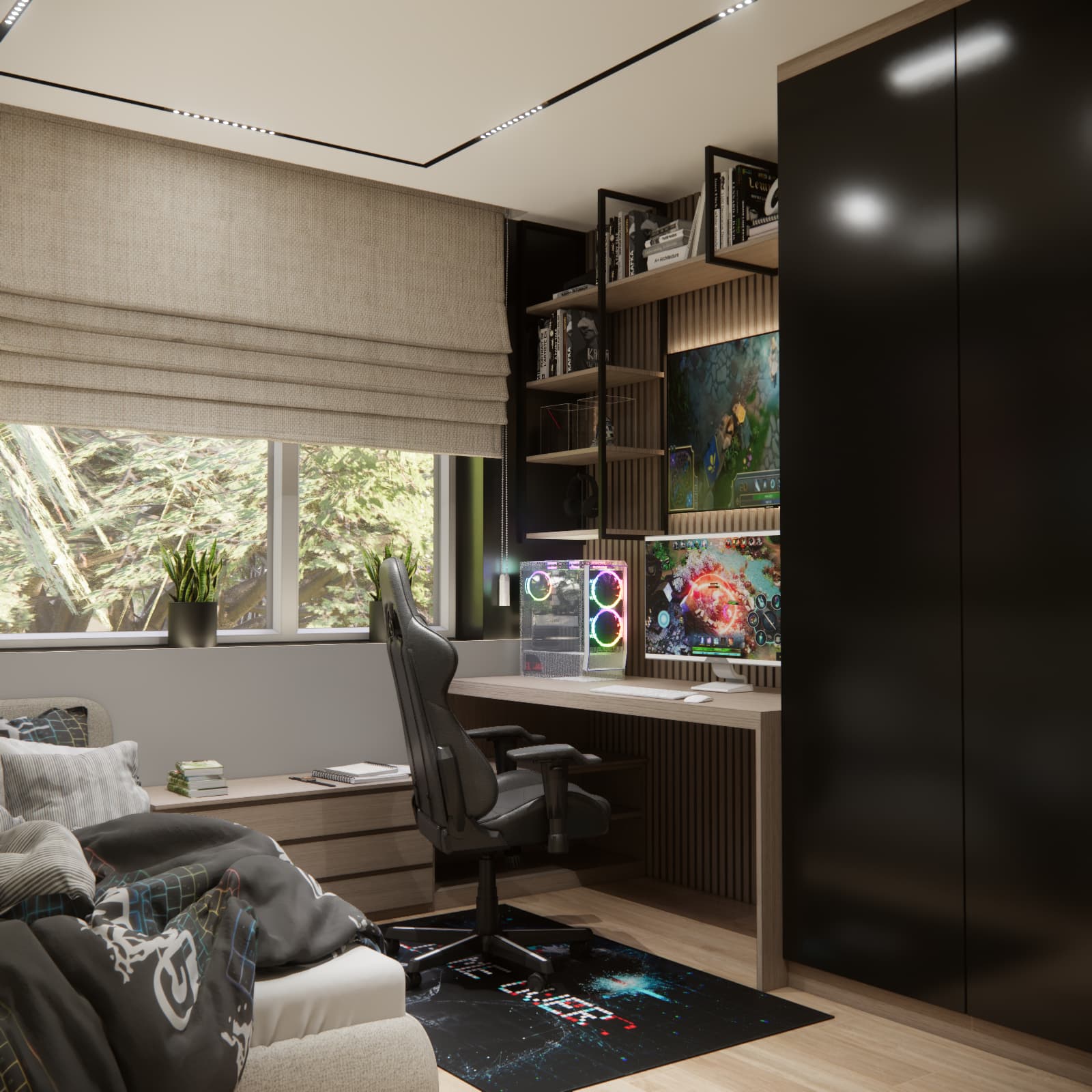 Pokój nastolatka 10 m² z tapicerowanym łóżkiem, biurkiem przy oknie, czarną szafą i roletą rzymską.